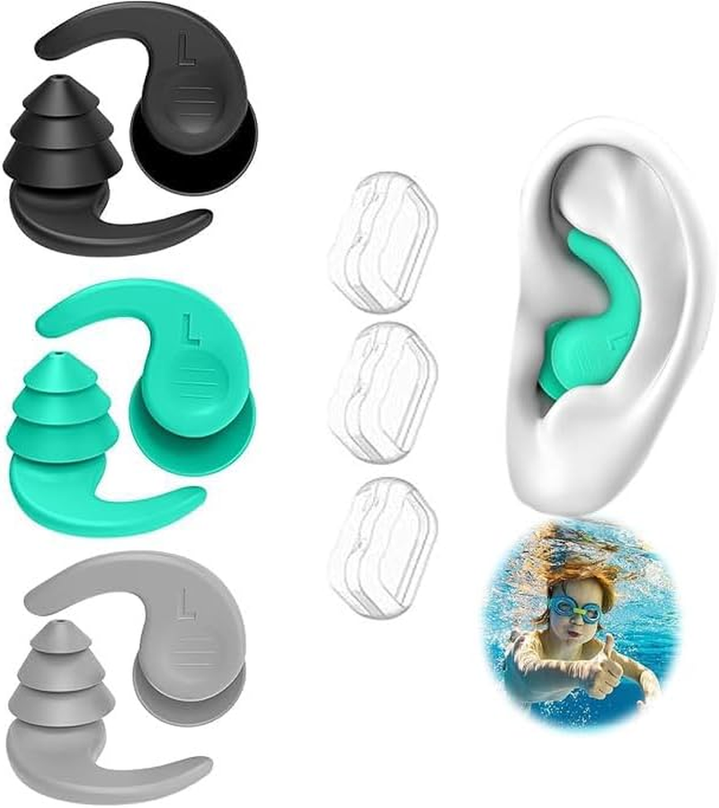 Limcryspp 3Pairs of Reusable Swimming Earplugs, Soft Silicone Waterproof Swimming Earplugs, Used for Bathing, Surfing, Swimming, Kayaking, and Other Water Sports(Black, Green, Gray) image number 6