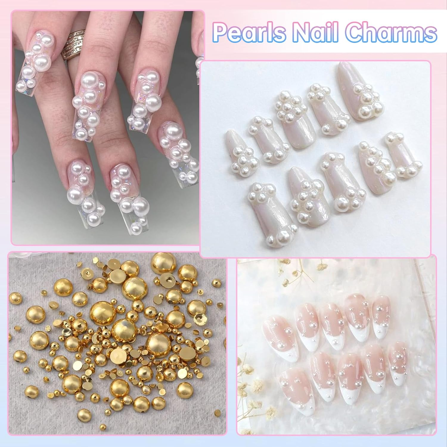 2 Boxes Flatback Pearls and Beads for Nails, Mixed Sizes White Beige Nail Art Pearls Luxurious Silver Gold Half Pearl Nail Charms, Gems for Nails ABS round Plastic Beads Nail Supplies DIY image number 3