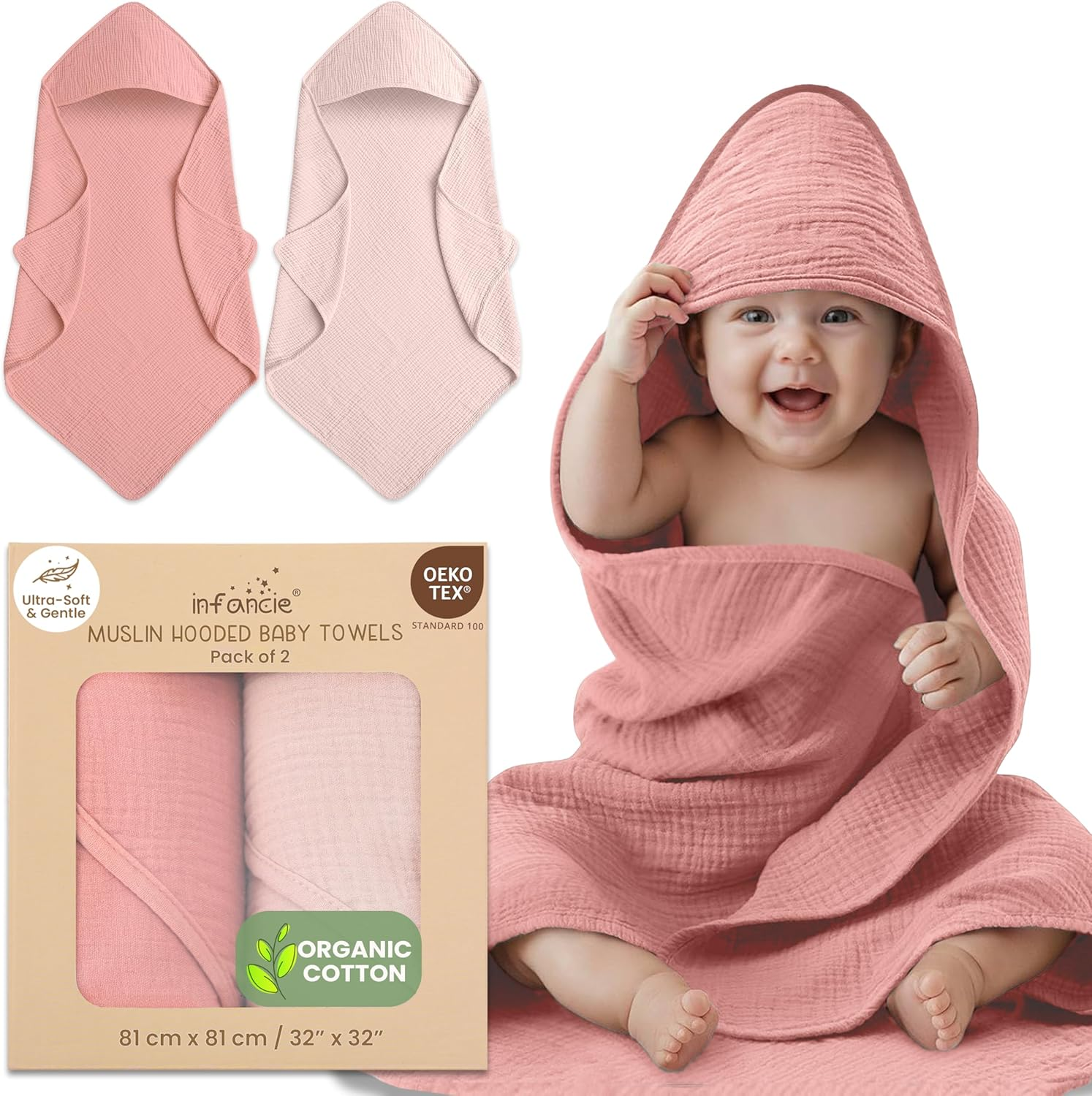Infancie Organic Cotton Muslin Baby Hooded Towels - 81 X 81 Cm, 2 Pack Newborn Bath Towels for Boys & Girls, Soft & Absorbent Bath Set (Rose/Peach) - Deep Blue/Aquarius image number 3