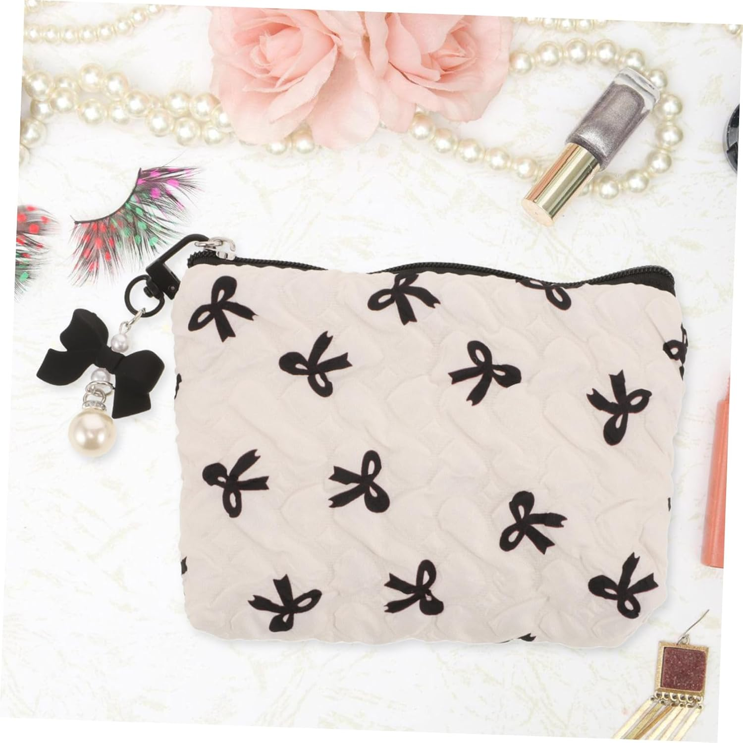 FINISPERSOO Embossed Bow Small Makeup Bag with Wrinkle Design, Portable Cosmetic Organizer Pouch for Women, Cute Toiletries Holder for Travel and Daily Use, Black Bow Detail image number 6