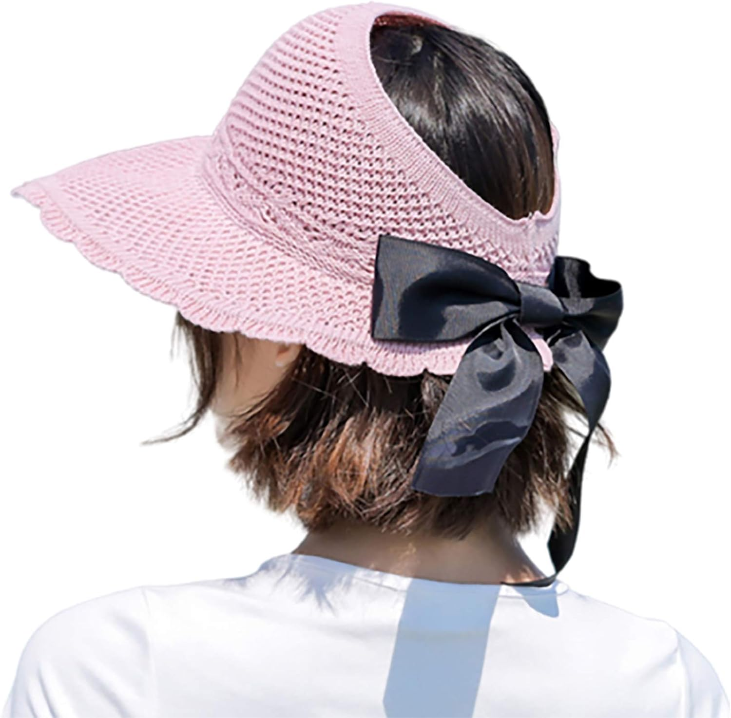 Sun Hats for Women with Ponytail Hole UV Protection Wide Brim Beach Cap Lightweight Foldable/Packable Straw Hats Bucket Cap with Decorative Bow - Black image number 4