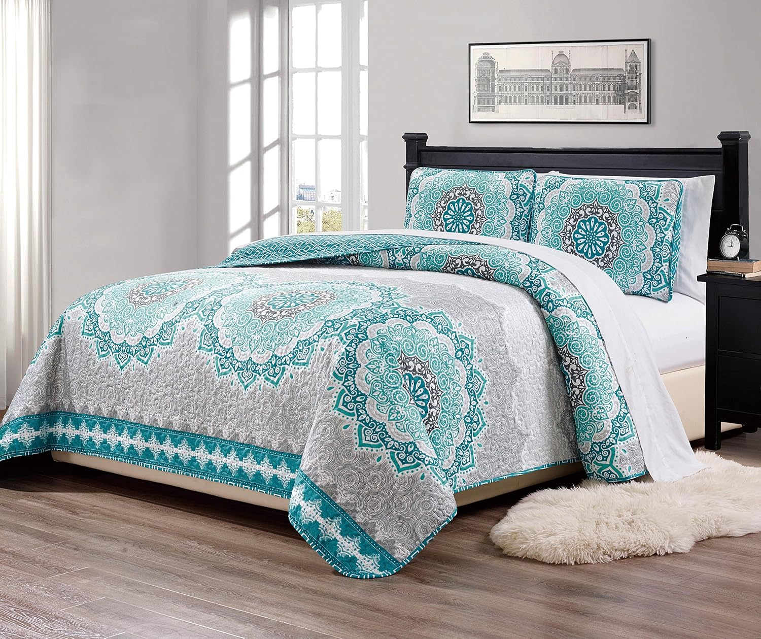(King/California King) - Fancy Collection 3 Pc King/California King over Size Quilted Bedspread Set Aqua Turquoise Coastal Plain/"Grey Green" White Elegant Design New