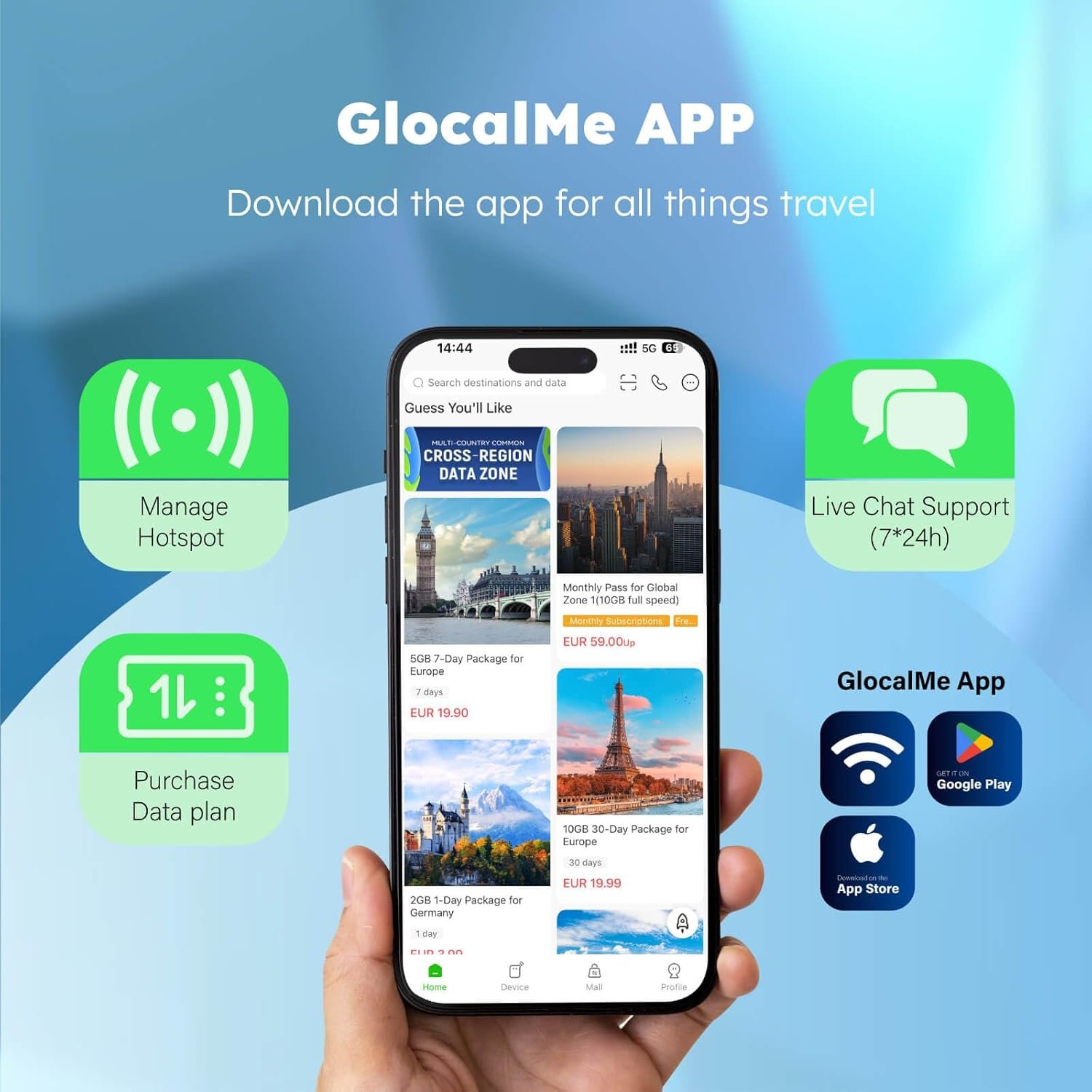 Glocalme UPP 4G Mobile Wifi Router, Available in over 140 Countries, No SIM Card Required, No Roaming Fees, MIFI with 1GB Global and 8GB EU Data, International Hotspot (White) image number 3