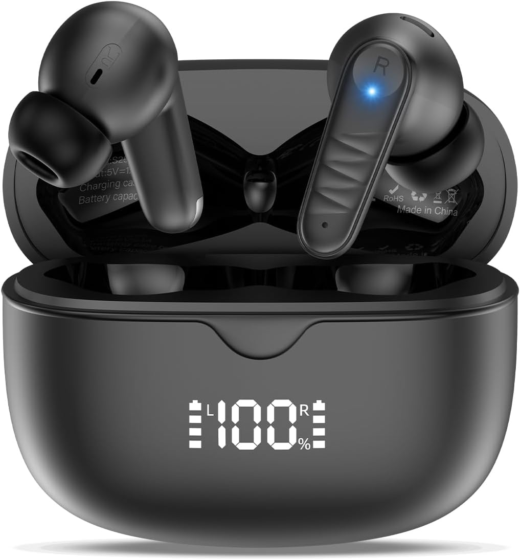 Bluetooth Headphones, 2025 In-Ear Headphones Wireless Bluetooth 5.3 with 4 Microphones, ENC Noise Reduction Wireless Headphones, IPX7 Waterproof, 36 Hours Playtime, Hifi Stereo, LED Display, USB-C