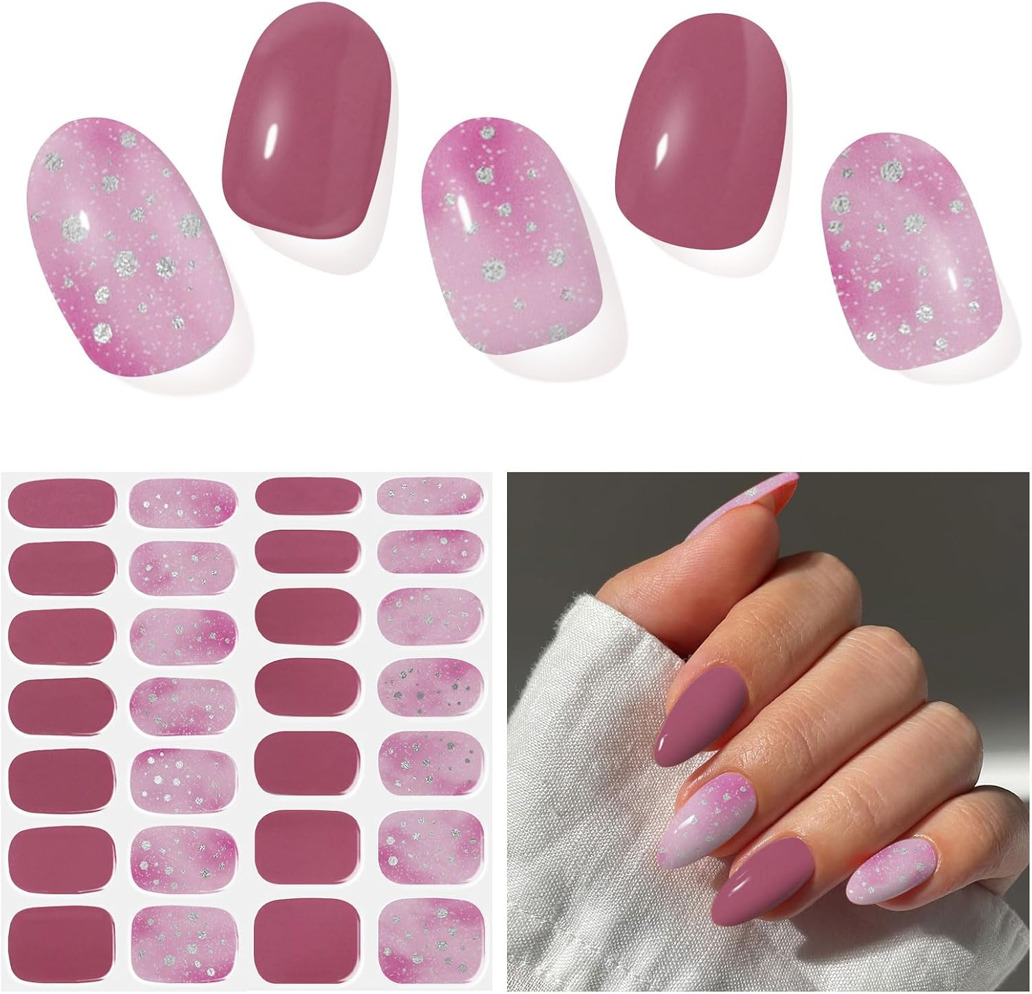 Semi Cured Gel Nails Strips 28 Stickers Nail Wraps Soft Self-Adhesive Gel Nail Stickers Salon-Quality Gel Nail Strips for Nails Manicure Nail Wraps Works with Any Nail Lamps - Glossy Grape Purple image number 4
