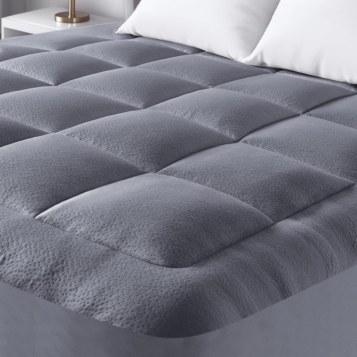 Bamboo Double Bed Mattress Topper - Thick Cooling Breathable Pillow Top Mattress Pad for Back Pain Relief - Deep Pocket Topper Fits 8-20 Inches Mattress (Grey, 54X75 Inches)