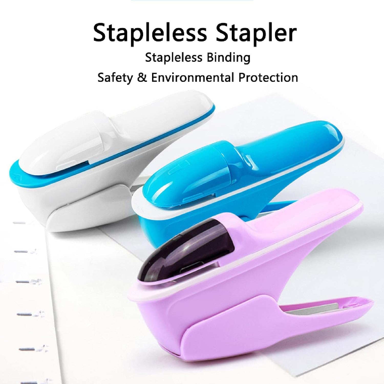 Stapleless Stapler, Manual Staplers, Portable Staple-Free Stapler for Booklet Brochures, Newspapers, Leaflets-Blue - Green image number 6
