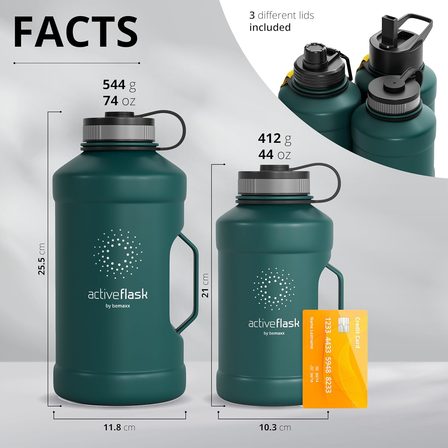 Leakproof Stainless Steel Water-Bottle ACTIVE FLASK + Straw (3 Lids) | Large 1.3/2.2 L Capacity Sports Container Bpa-Free, for Carbonated Drinks, 74 Oz XL Training Outdoor Fitness Water Bottle image number 2