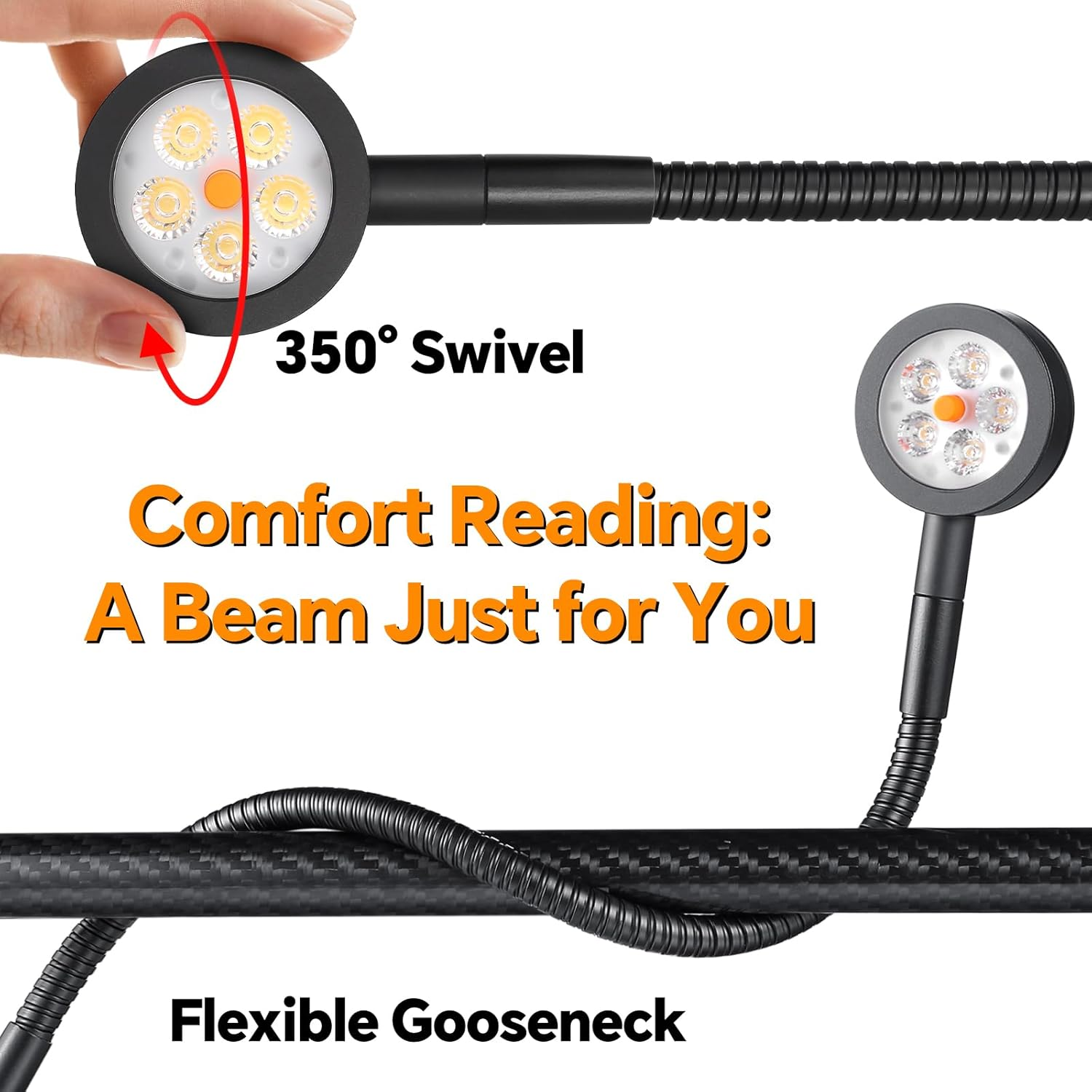 Obeaming 12V Reading Light RV Boat Flexible Spotlight, Built-In Dimmer Switch, Type C Charger, Red Night Light, 3200K DC12-24V Wall Light for Camper Van Caravan Yacht(Black) image number 3