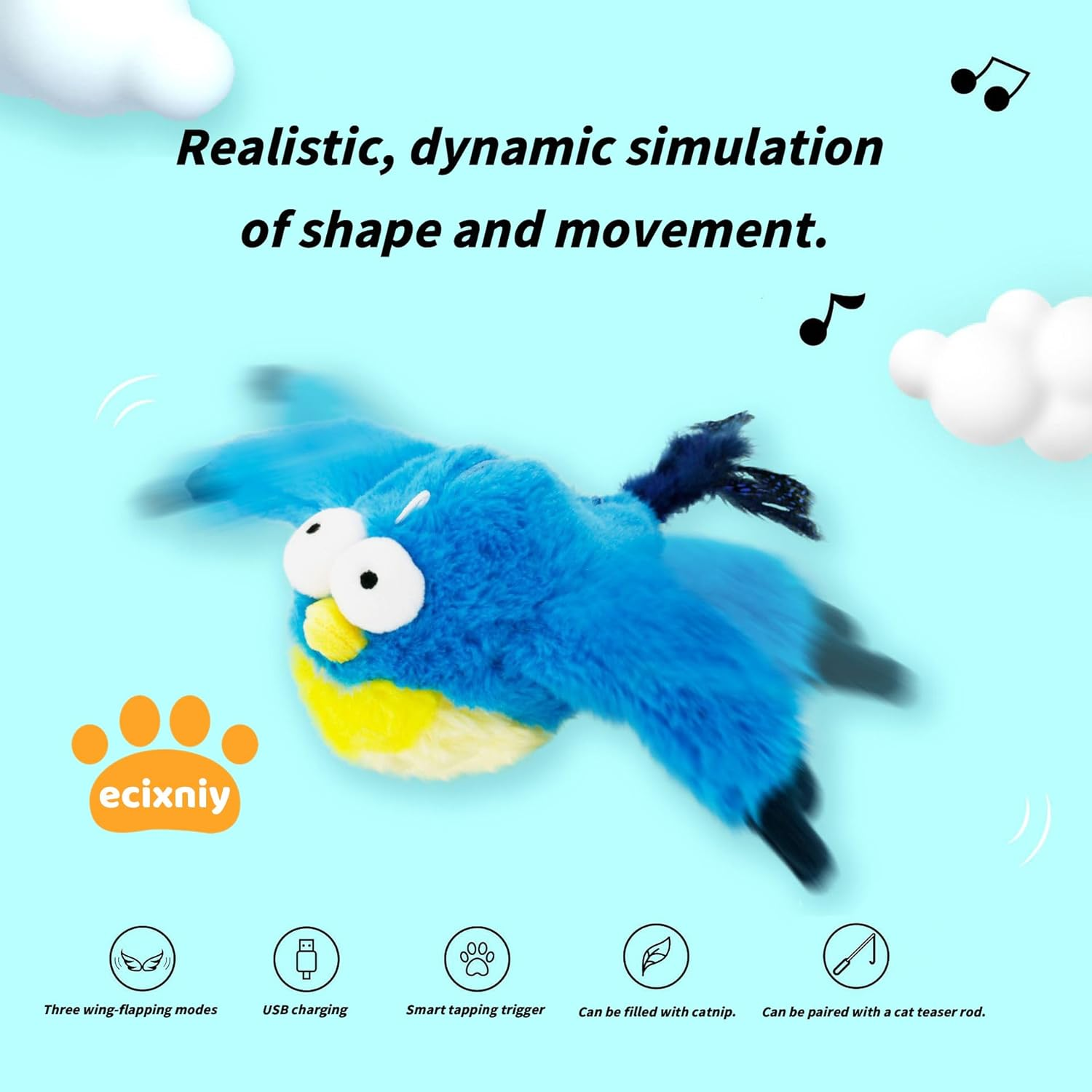 Ecixniy Flapping Bird Cat Toy for Indoor Cats &ndash; Bird-Shaped Design,Bird Catnip Toys, Catnip Compartment, Fun & Engaging Cat Toys, Fluffy Plush Dog Toys-Bluebird image number 2