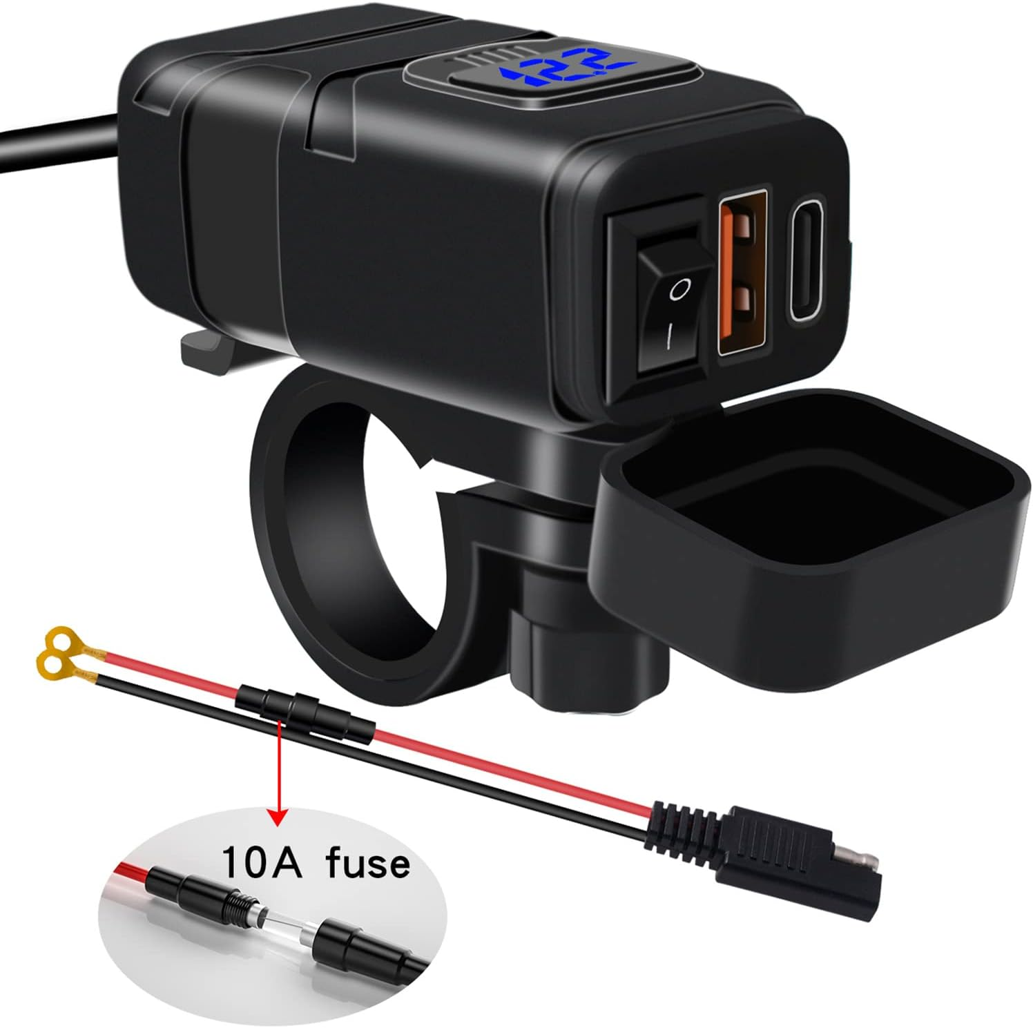 Domary Motorcycle USB Chargerpe-C Charger Super Fast Charger QC3.0 with Voltmeter On/Off Switch for Phone Tablet 7/8Inch Handlebar image number 6