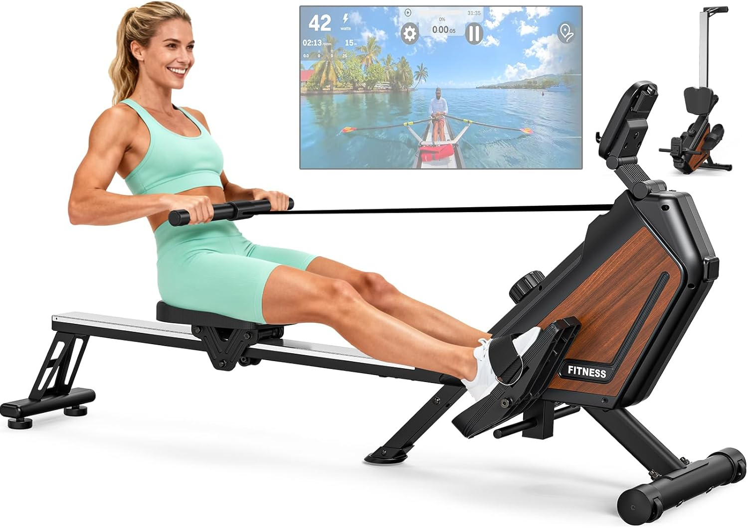 Magnetic Rowing Machine Folding Rower Machine with 16-Level Resistance, Bluetooth Connectivity,Supports Height 150-200Cm &160Kg Load Capacity,Vertical Storage,Quiet Rowing Machine for Cardio Training