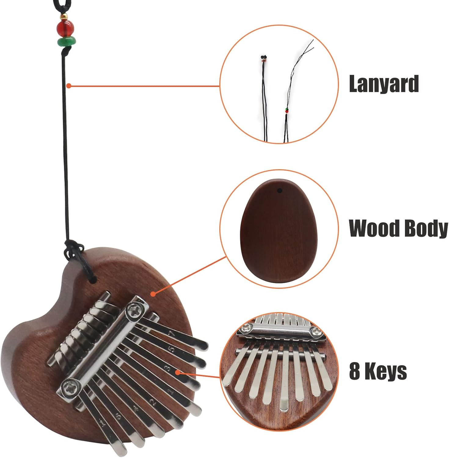 8 Key Mini Kalimba Worthplanet Mini Thumb Piano Portable Wooden Finger Piano with Black Lanyard Musical Instrument for Kids Adult Beginners W150011 (Heart-Shaped) image number 4