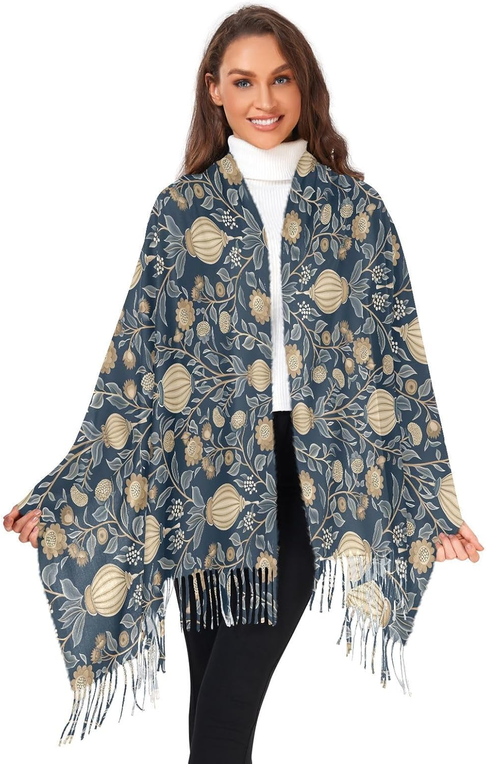 Trendy Cashmere Feel Scarf Winter Accessories for Women William Morris Style Rustic Ethnic Floral Dark Blue Bufandas Y Chales Para Mujer image number 4