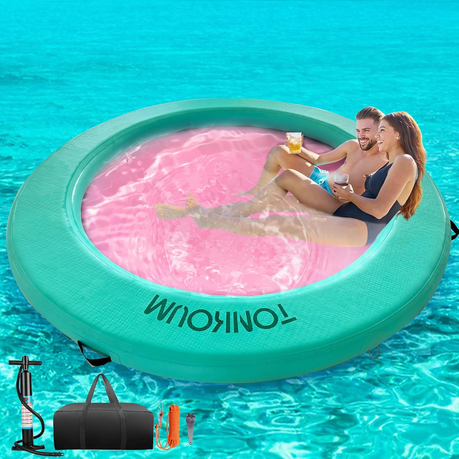8FT Inflatable Dock round Floating Island with Mesh, Lounge Inflatable Water Hammock Pool Float Ring for Lake