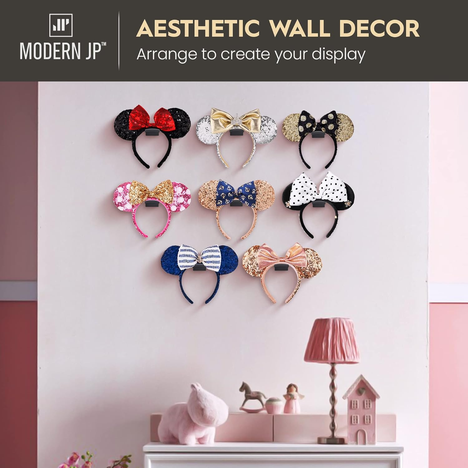 Modern JP Adhesive Hooks for Disney Ears (8-Pack) - Minimalist Disney Ear Holder, No Drilling Headband Holder Design, Strong Hold Headband Organizer - USA Patented, Black - 16, Grey image number 6