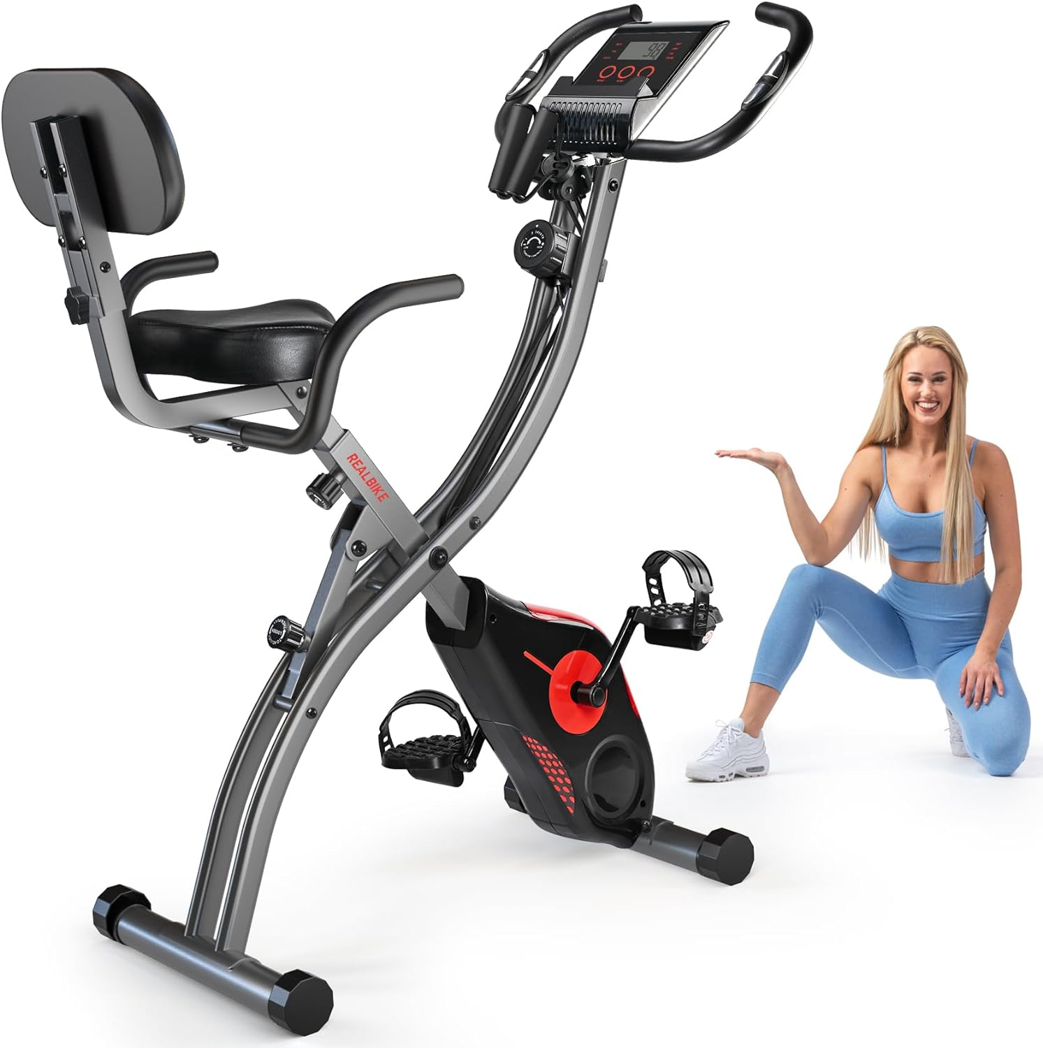 Multifunctional Magnetic Exercise Bike : Ultra-Quiet, Foldable, 8-Level Resistance [Includes Resistance Bands, Heart Rate,Lcd Monitor, Ipad Mount] Good for Home Cardio Training (Red&Black) image number 5