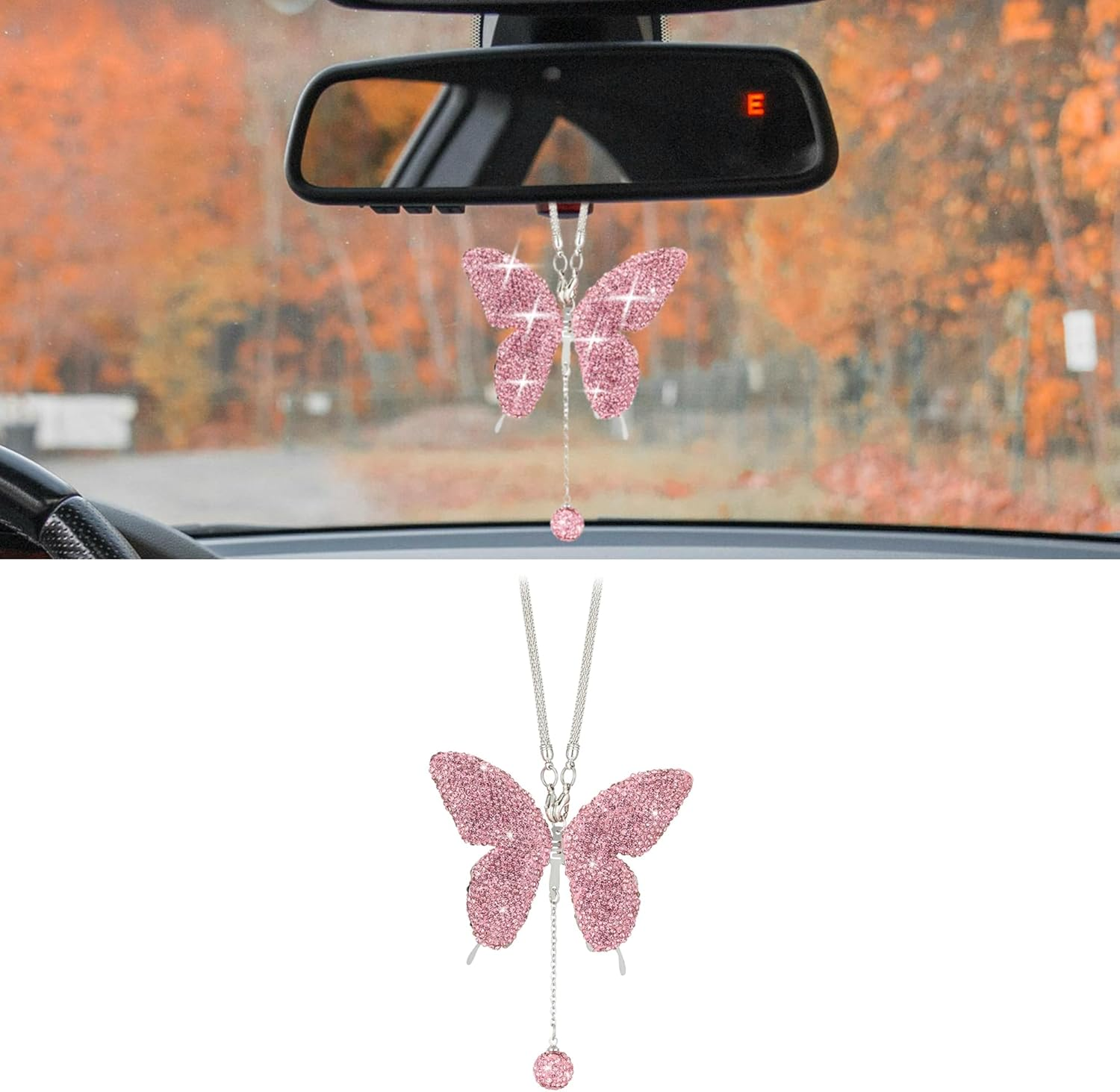 Couslcd Bling Butterfly Diamond Car Accessories, Crystal Car Rear View Mirror Charms for Women, Car Decoration Lucky Hanging Interior Crystal Ornament Pendant Decor for All Cars (Black)