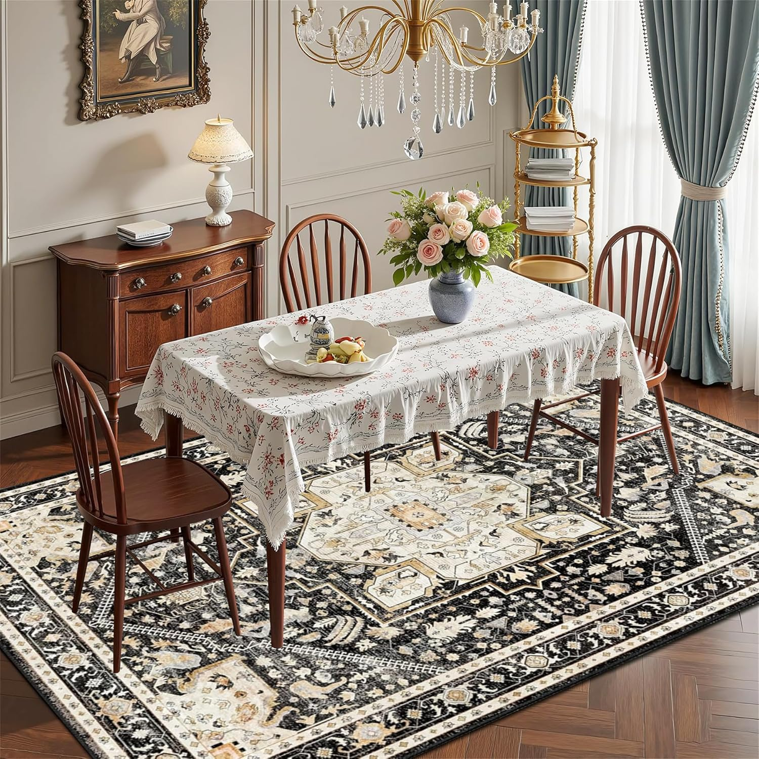 Washable Area Rugs, Soft Low Pile Faux Wool Vintage Carpet Non-Slip Boho Chic Floral Foldable Modern Abstract Large Rug for Living Room Bedroom Kitchen Office Floor Mat (Color 1, 120X180Cm) image number 2