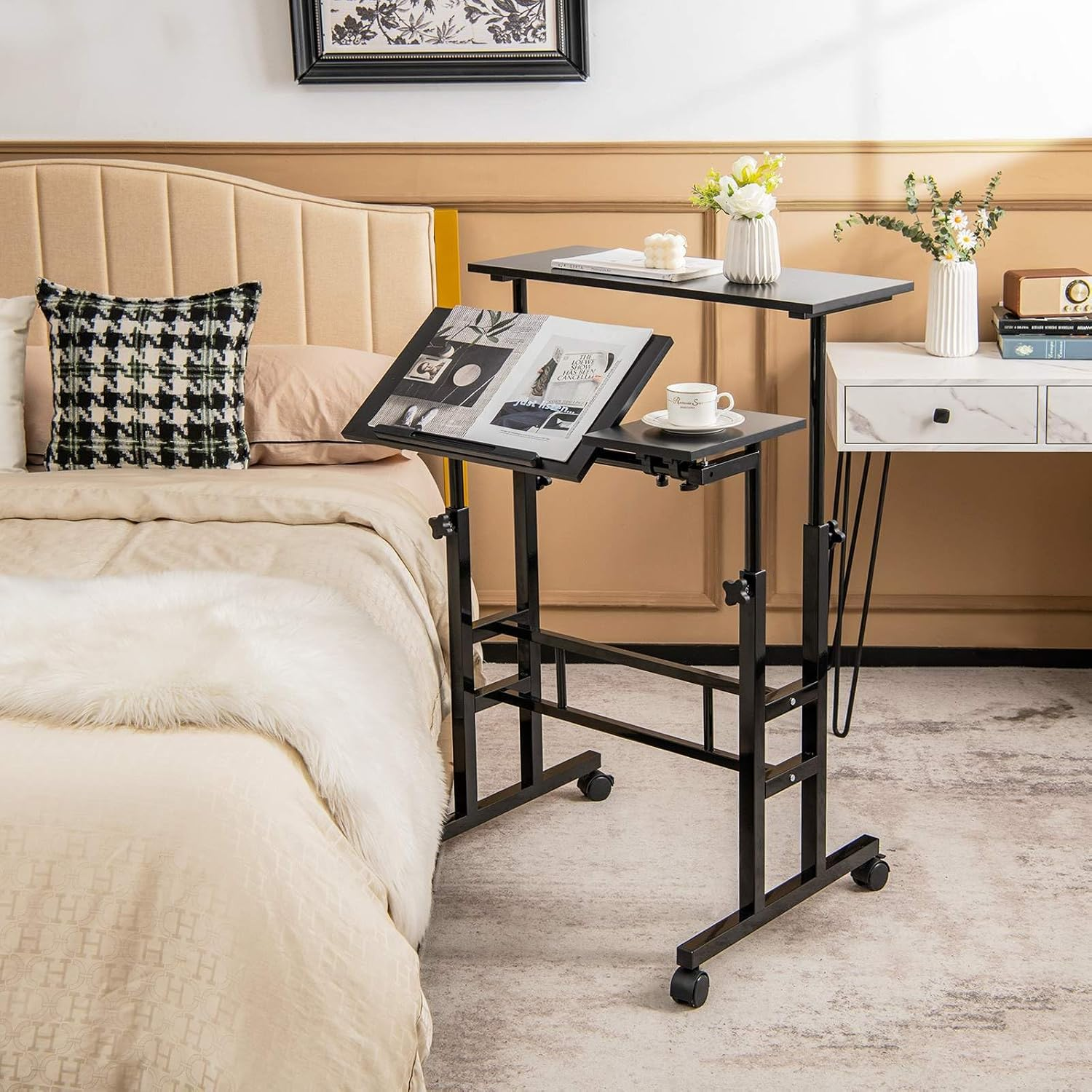 Costway Mobile Standing Desk, Laptop Cart W/Flip-Over Desktop, Portable Stand up Desk, Overbed Table W/Wheels, Computer Desk for Standing or Sitting, Height Adjustable Workstation for Home & Office image number 1