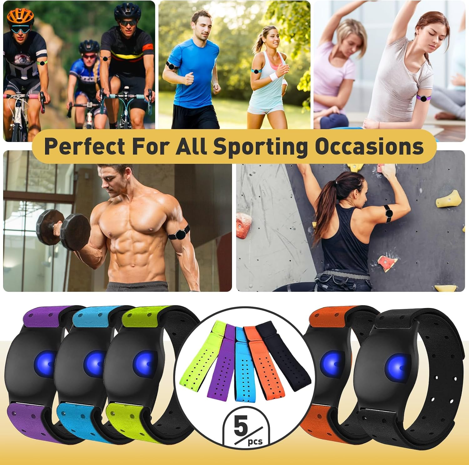 5Pcs Replacement Heart Rate Monitor Bands, 0.8X13.8In 5 Colors Soft Heart Rate Strap Adjustable Armband Strap Heart Rate Monitor Band for OTF Beat Heart Rate Sensor,And for Theory Fitness