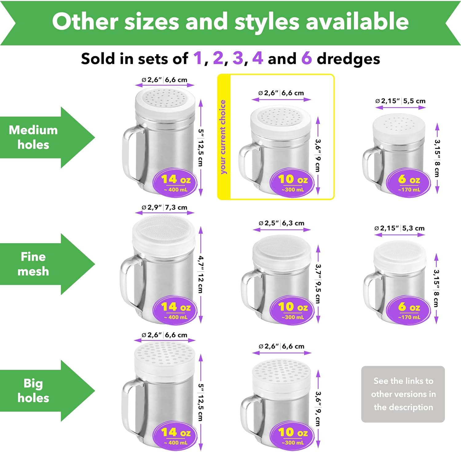 CUSINIUM Metal Salt Pepper Dredge Shakers - with Handle - Seasonings Spice Shakers with Holes and Lids - 10 Ounce, 2Pcs | Style: Medium image number 4