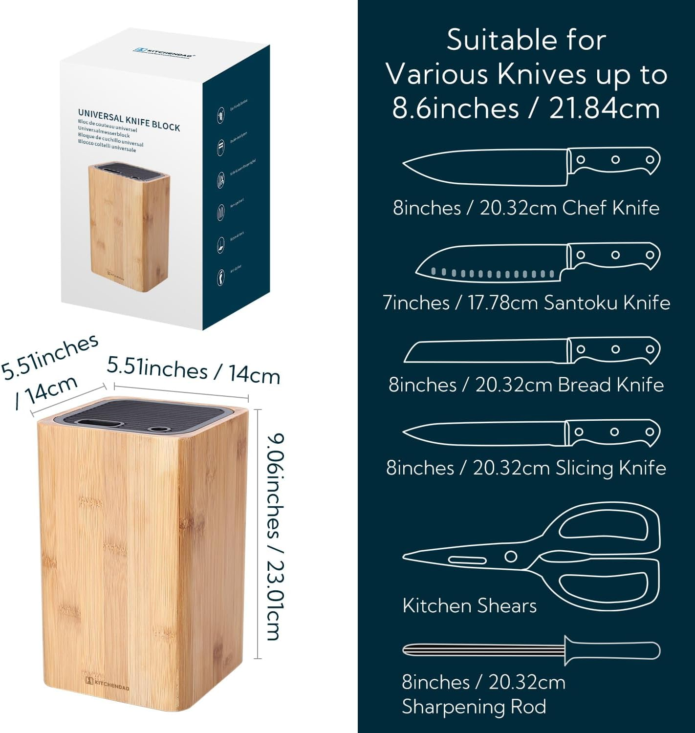 Deluxe Universal Knife Block with Slots for Scissors and Sharpening Rod Bamboo Knife Holder for Safe, Space Saver Knives Storage - Unique Slot Design to Protect Blades - by KITCHENDAO image number 6