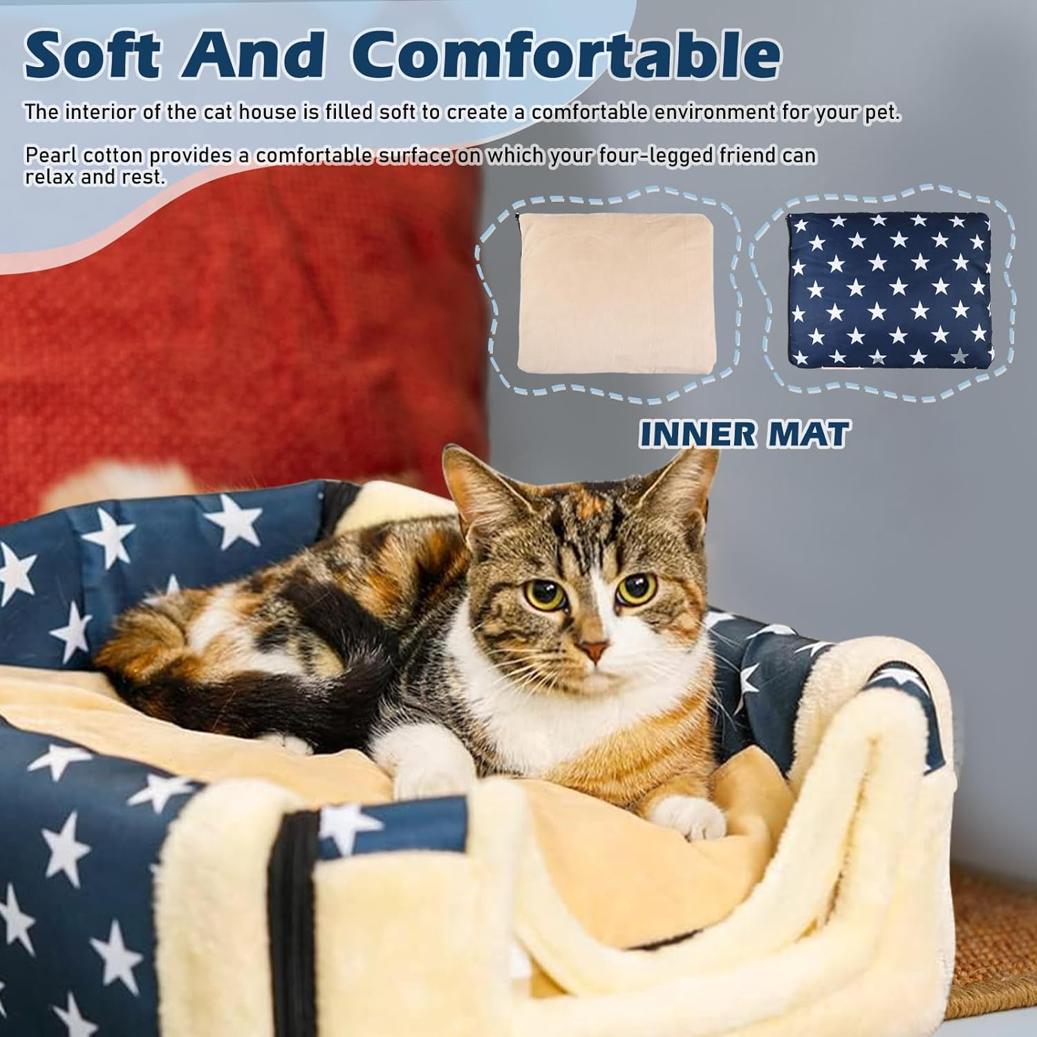 WIYETY Cat House, Dog House for Indoor, Foldable Cat Bed Cave, Cat Cave with Non-Slip Base, Waterproof and Warm Dog Cave, Cat Beds for House Cats (Blue, S, 37 X 32 X 30 Cm) image number 4