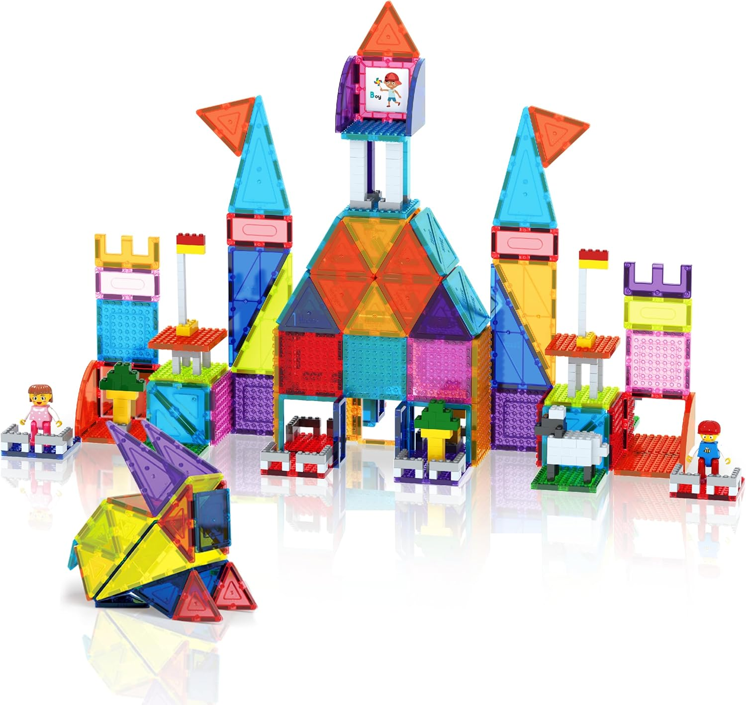 Picassotiles 353Pcsmagnetic Brick Tile and Magnetic Tile Combo Set, Action Figures Included, Building Blocks STEM Toys, Educational Montessori Preschool Toddler Classroom Learning Toys, Kids Activity image number 1