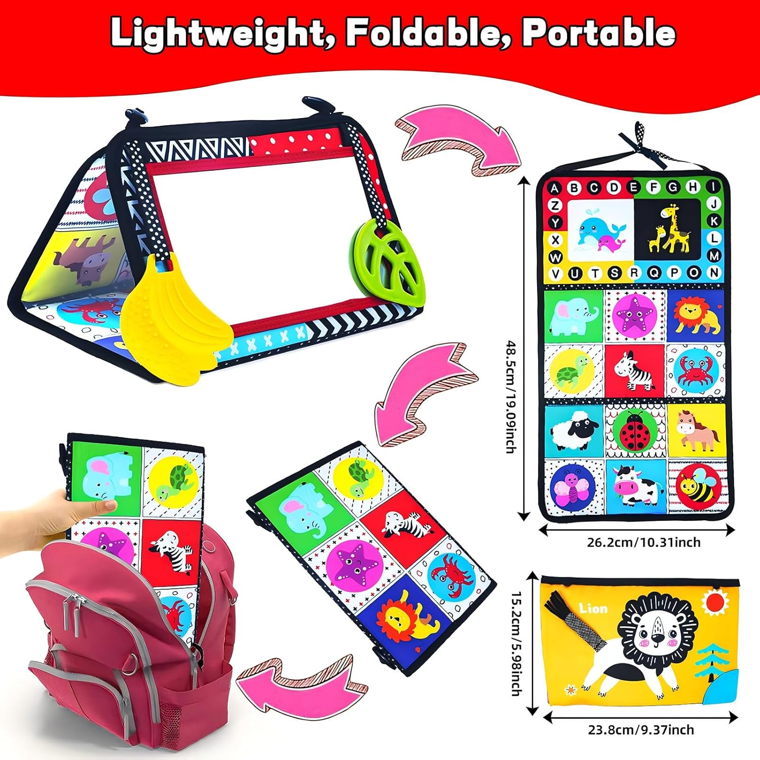 Tummy Time Baby Mirror, Infant Toys Newborn Toys 0 3 Months Brain Development with Crinkle Cloth Book, Black and White High Contrast Baby Toys 4 6 9 12 18 Month Boys Girls Crawling Sensory Toy