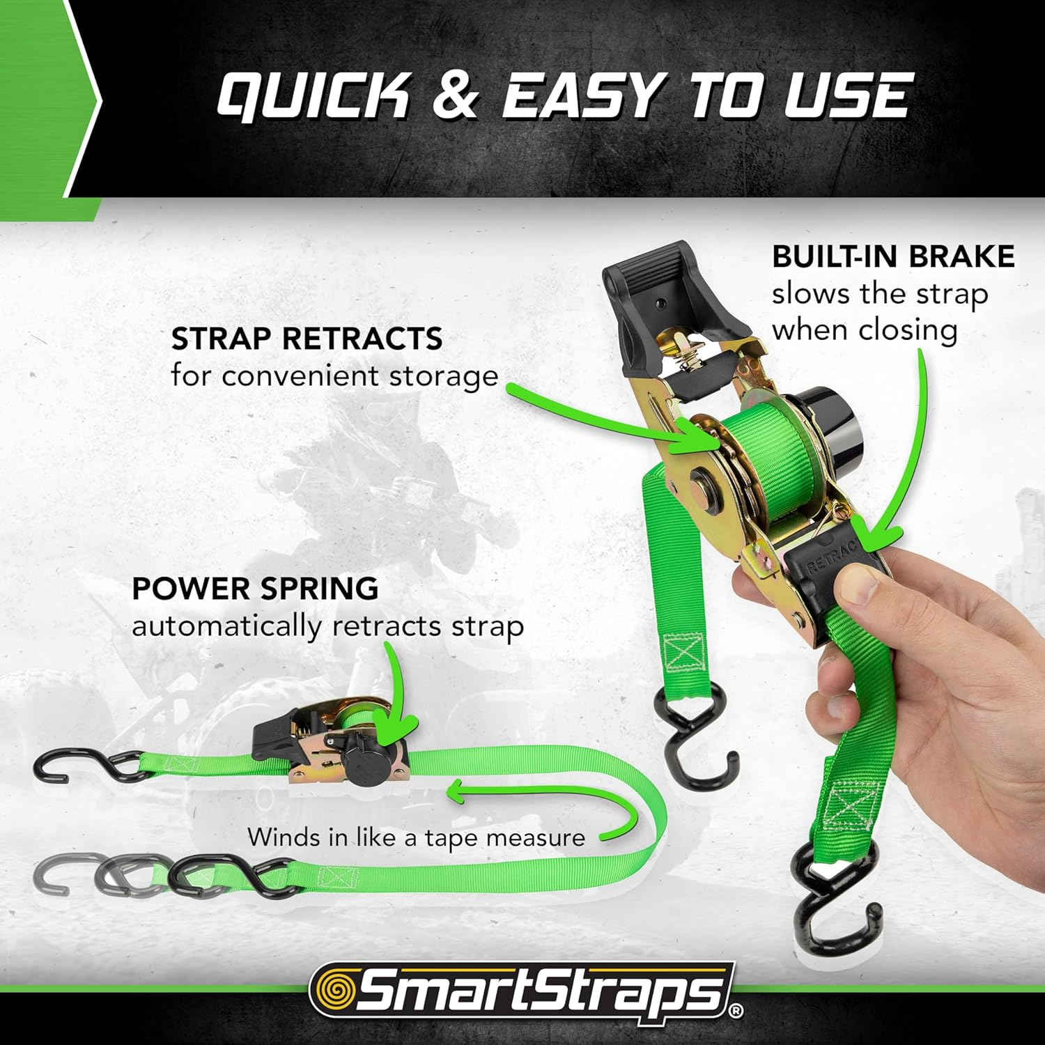 Smartstraps 6&rsquo; Ratchet Straps, 4 Pack &mdash; Standard Duty Retractable Tie-Down Straps &mdash; 1,500Lb Break Strength, 500Lb Safe Work Load &mdash; Haul Atvs, Lawn Tractors and Other Small Equipment image number 2