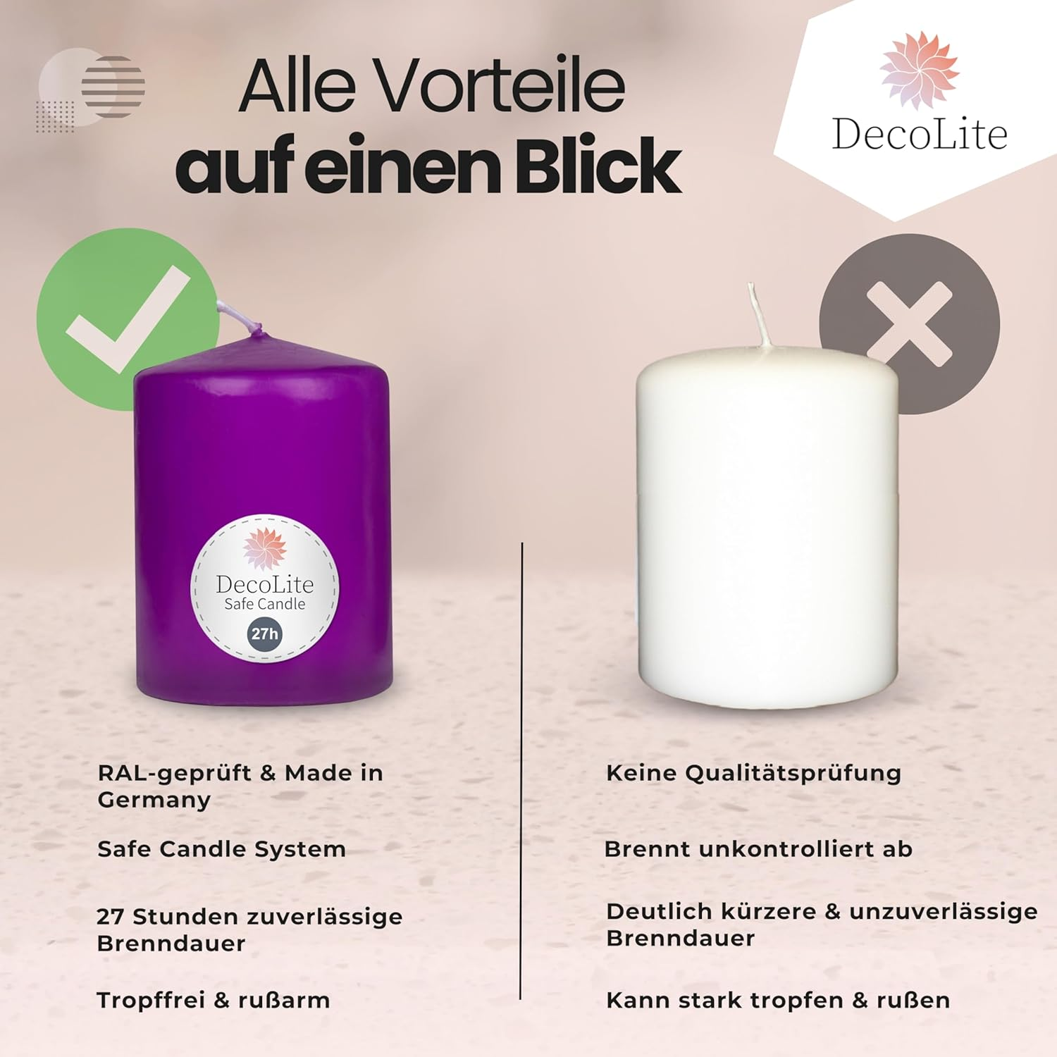 Decolite Wenzel Candles Pack of 12 Pillar Candles 80/60 Mm - Self-Extinguishing, Safe Candle, RAL Certified, 27 Hours Burning Time - 100% Made in Germany by Wenzel Candles (Purple) - Olive image number 7
