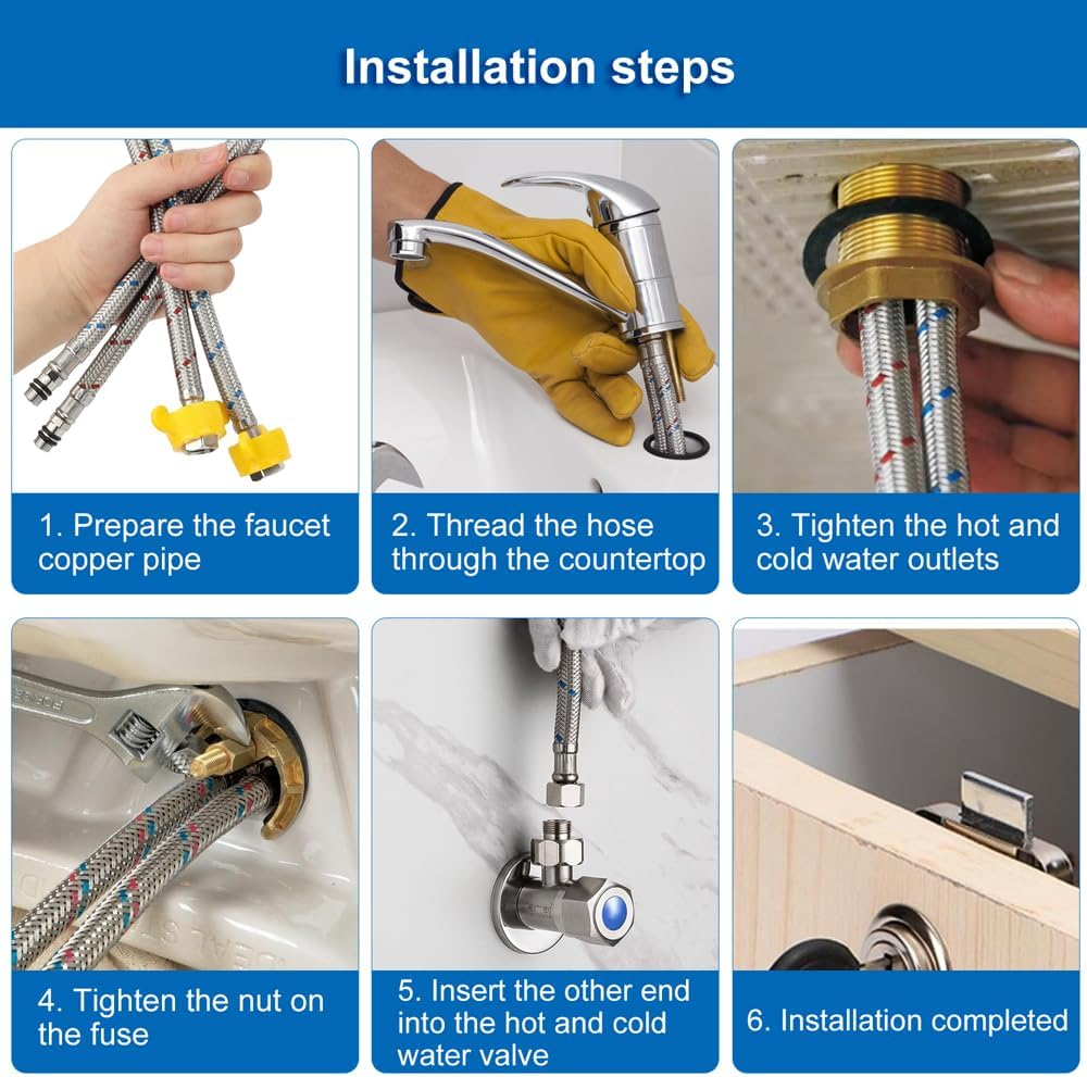 Pack of 2 80 Cm Tap Connection Hose G3/8 X M10, Hot and Cold Water Tap Connection Extension with Sealing Tape, Stainless Steel Braided Flexible Hose Fitting, Suitable for Kitchens and Bathrooms image number 4