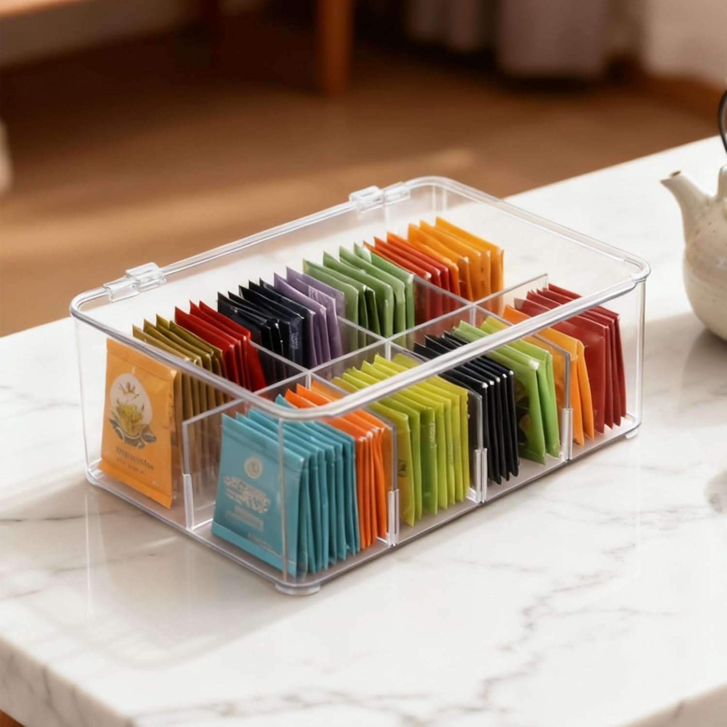 Tea Bag Organiser, Stackable Tea Box, Storage Box with Lid, Transparent Lsolation Layer Organisers Adjustable Dividers Set for Coffee, Biscuit, Bread, Snack, Candy image number 1