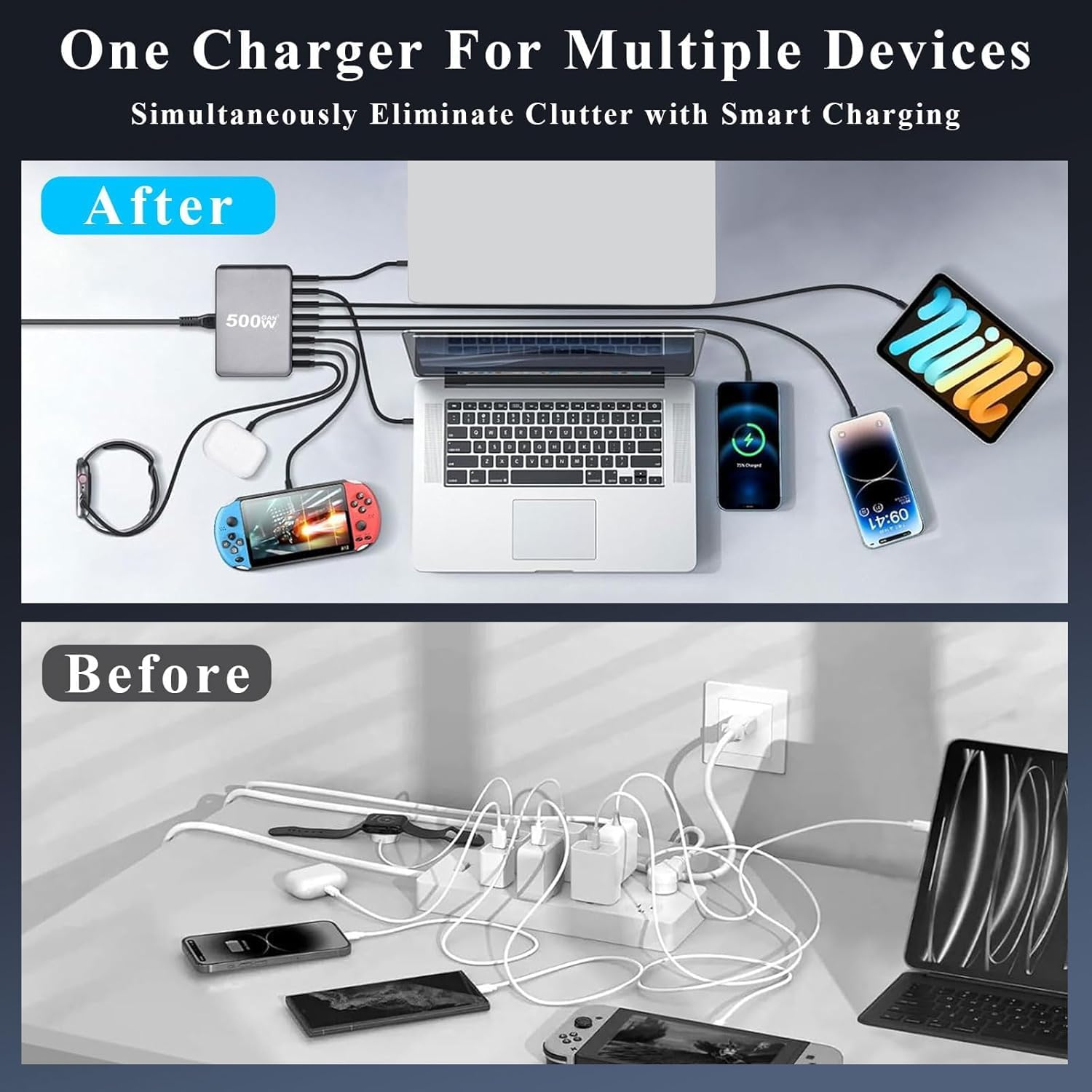 500W USB C Fast Charger, 8 Port GAN USB Charging Station Hub, Multi Port USB C Charger Compatible with Iphone 16/16 Pro/15/15 Pro, Macbook Air, Ipad Pro, Dell XPS, Samsung Galaxy S23 S22 image number 2