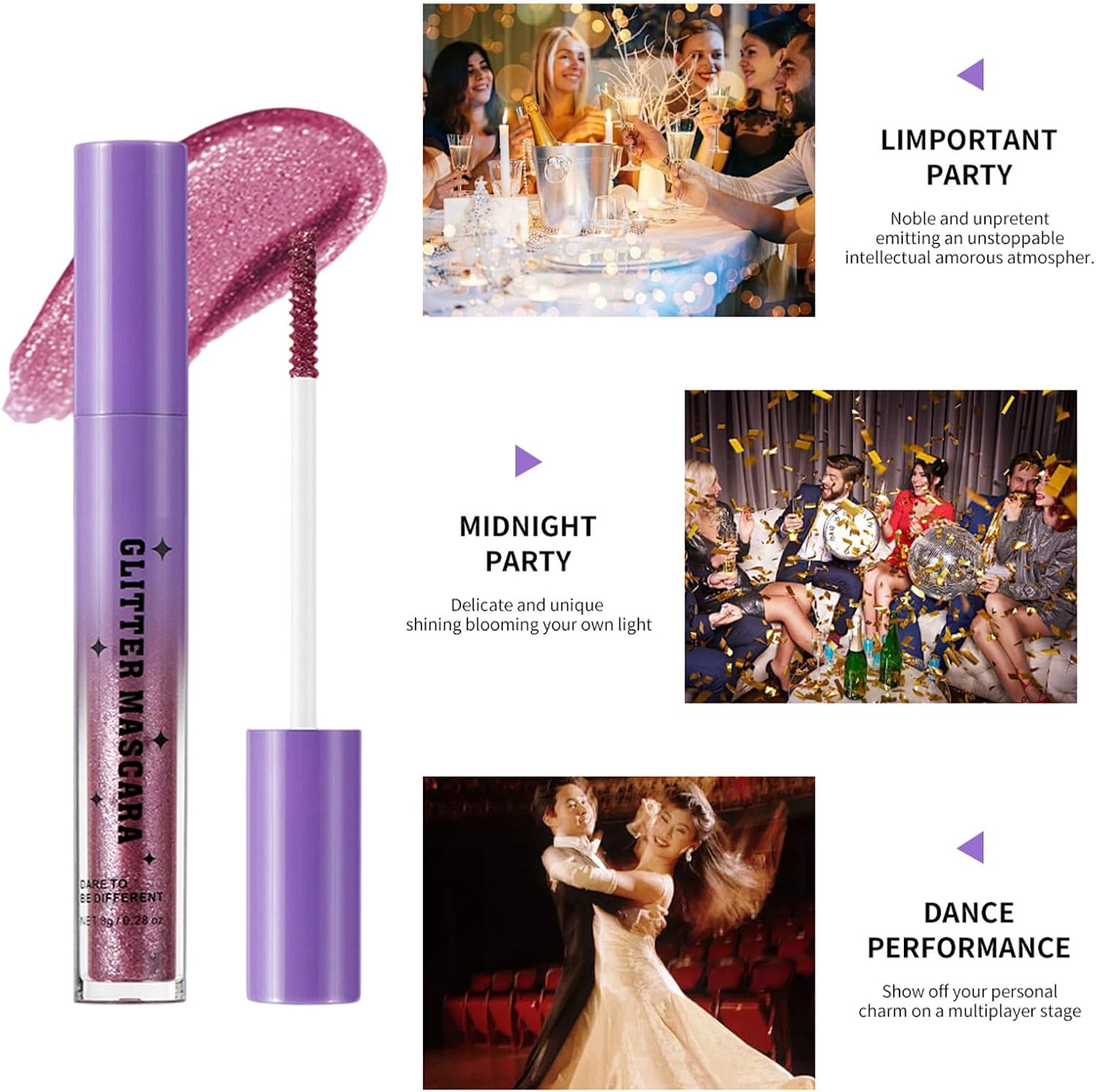 Glitter Mascara for Women | Waterproof Mascara | Waterproof Lengthening Curling Smudge-Proof Eyelash Makeup for Women Wedding Date Travel Party Night-Out - 02Silvery image number 5