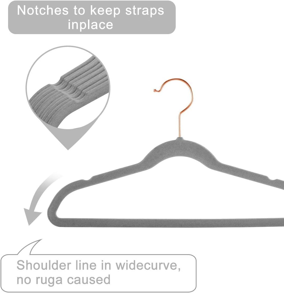 MIZGI Premium Kids Velvet Hangers (Pack of 50) 14" Wide with Copper Rose Gold Hooks,Space Saving,Nonslip Huggable Closet Hangers for Petite Junior Children'S Skirt Dress Pants,Clothes Hangers image number 5