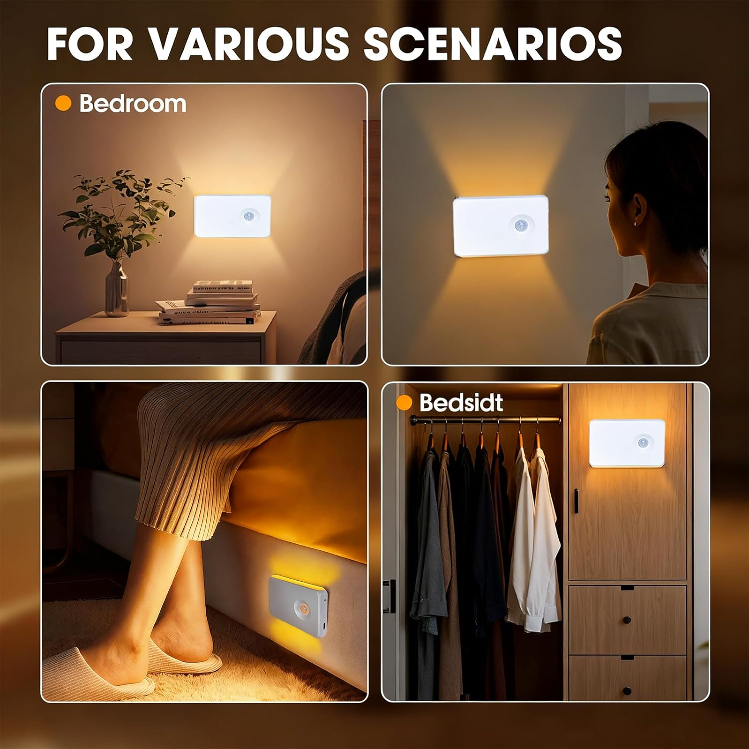 Motion Sensor Night Light, 600Mah Rechargeable Night Lights with Magnetic Base & Dusk to Dawn Sensor, Wireless Stair Lights Indoor Stick on Wall Night Lamp for Stairway Hallway Bedroom (4 Packs)