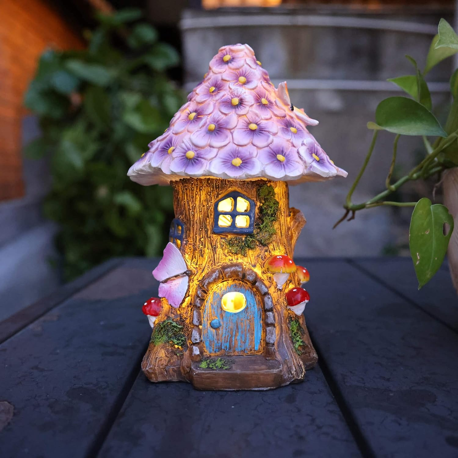 Annastore Fairy Garden House Solar Outdoor Statue, Light up Mushroom Figurines Fairy Lawn Decorations for Yard, Fairies for Miniature Houses for Outside, Resin DIY Fairy Garden Kits Accessories image number 4