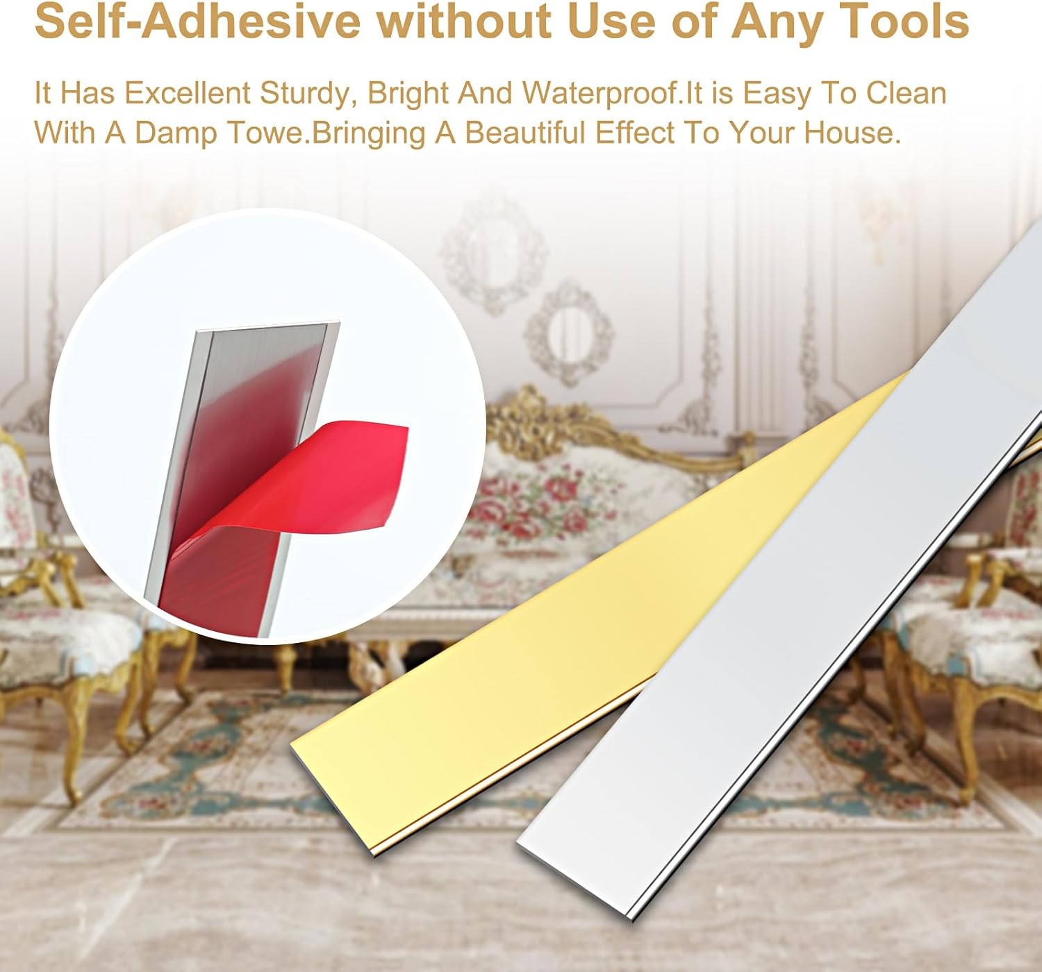 2Cm-300Cm Peel and Stick Moulding,Self-Adhesive Tile Trim Stainless Steel,Flexible Edging Strip Gold Metalized,Moulding Trim Corner Trim for Mirror Frame Ceiling Cabinet Tile Fireplace（Silver） image number 2