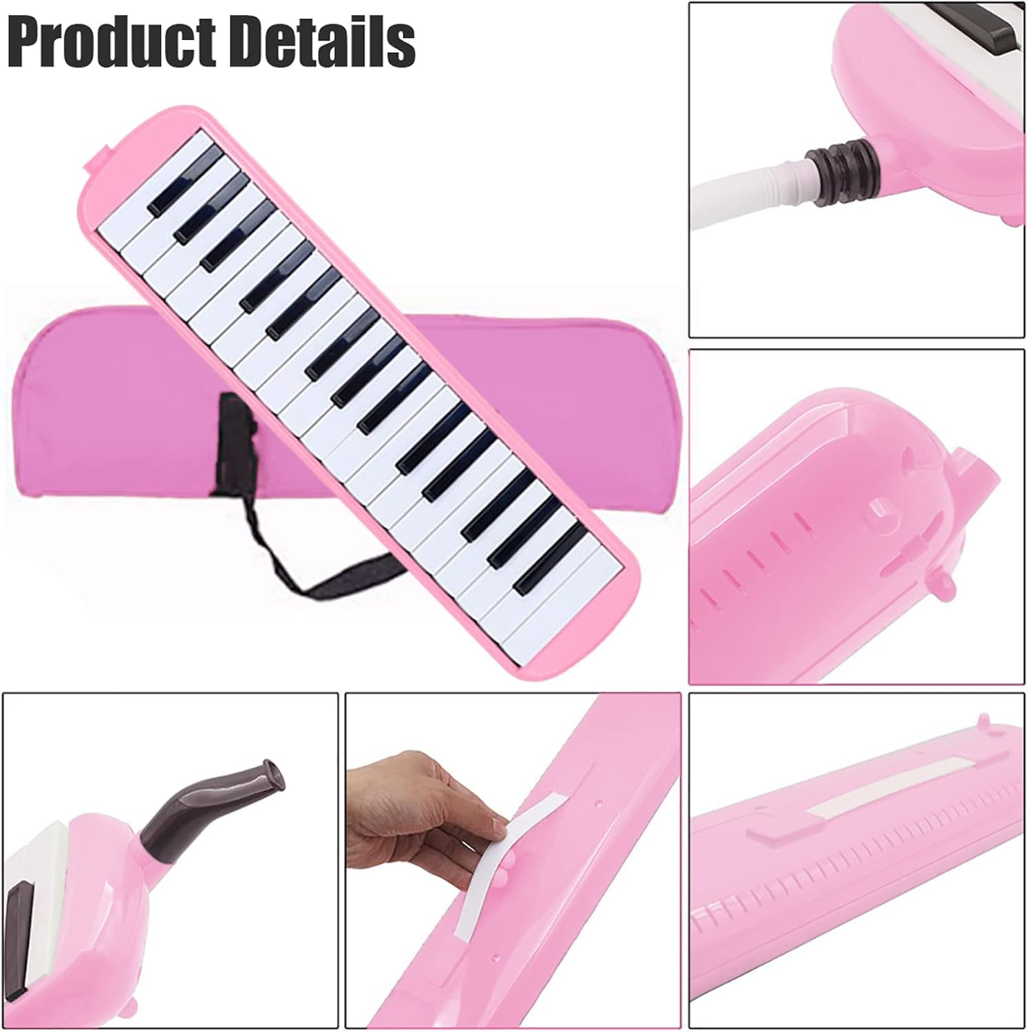 Vilihy Melodica 32 Key Pianica Portable with Carrying Bag Short and Long Mouthpieces for Beginners Kids Gift(Pink) - Blue image number 6