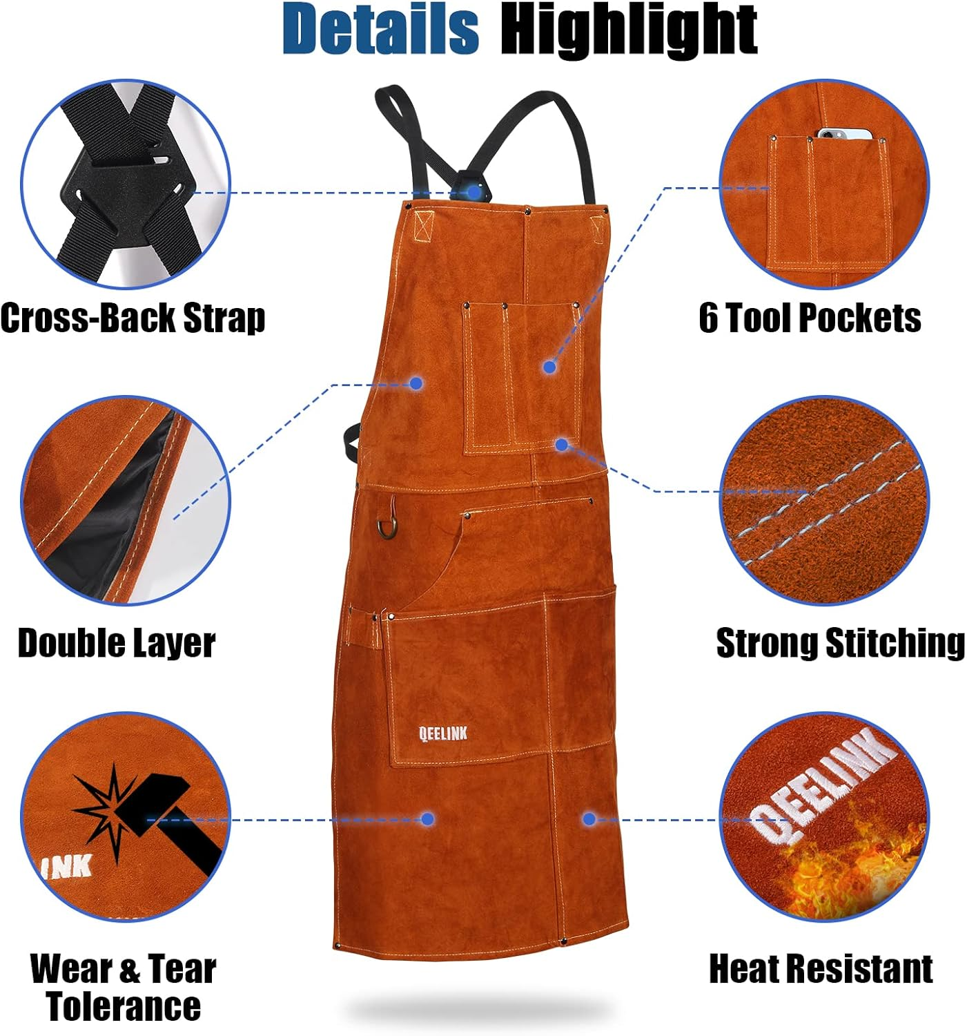 Qeelink Leather Welding Work Apron with 6 Tool Pockets, Heat & Flame Resistant Apron, 24" X 36", Adjustable M to XXXL image number 6