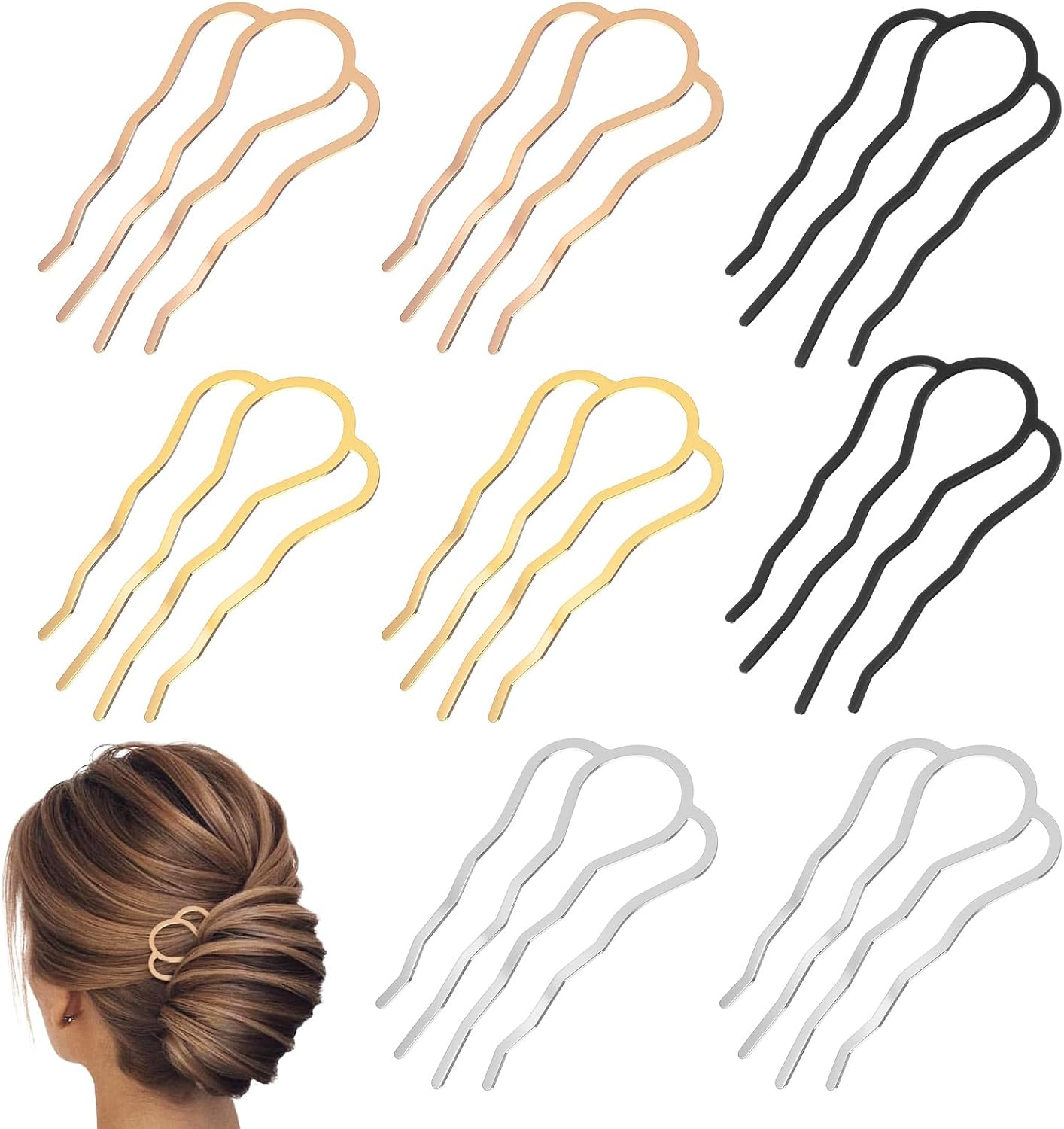 Heclia Pack of 8 U-Shaped Metal Hair Forks for Updo Bun French Twists Non-Slip Hair Accessories for Women Girls for Thick Fine Hair Weddings Everyday Elegant French Hair Comb image number 6