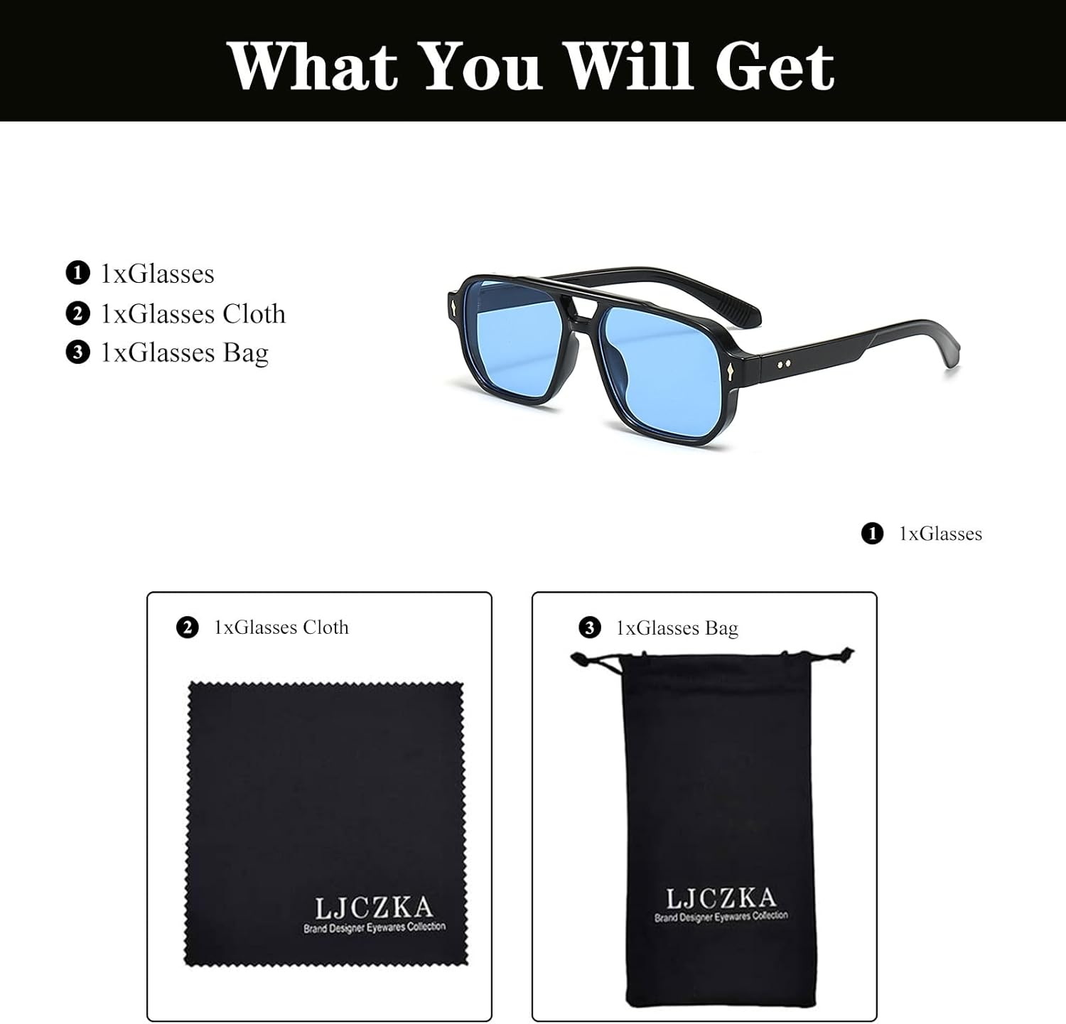 LJCZKA Retro Double Bridge Sunglasses for Women Men, Square Sunglasses 70S Vintage Shades UV400 Protection image number 1