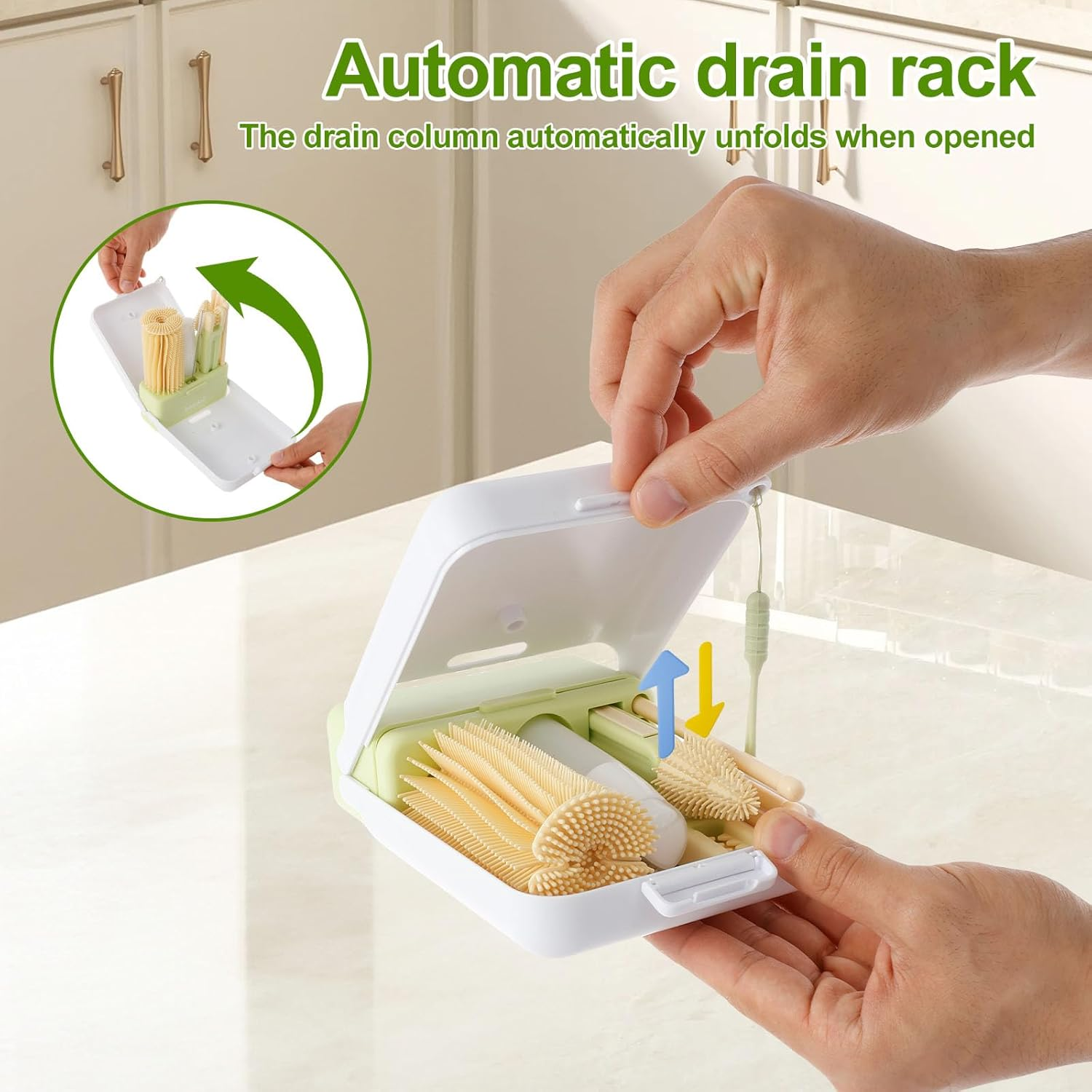 Bottle Cleaning Brush, Multipurpose Bottle Gap Cleaner Brush, with Folding Drain Rack Silicone Portable Cleaning Kit, Long Handle Silicone, anti Scratch, for Travel Camping Hotel Stay (White) - Yellow image number 2