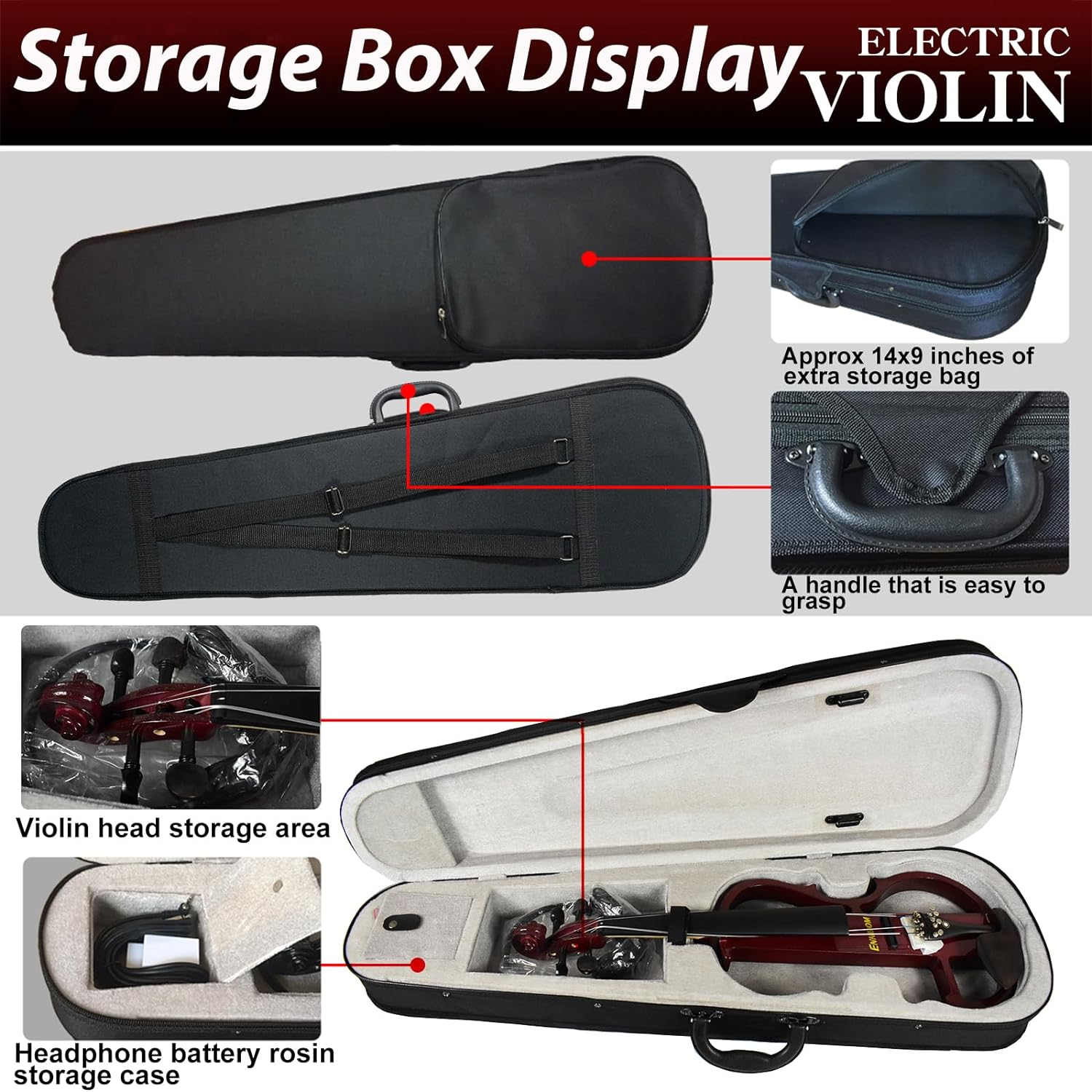 ENNBOM Beginner 4/4 Electric Violin Ebony Silent Violin Electric Violin Introductory Set (Wine Red) image number 3
