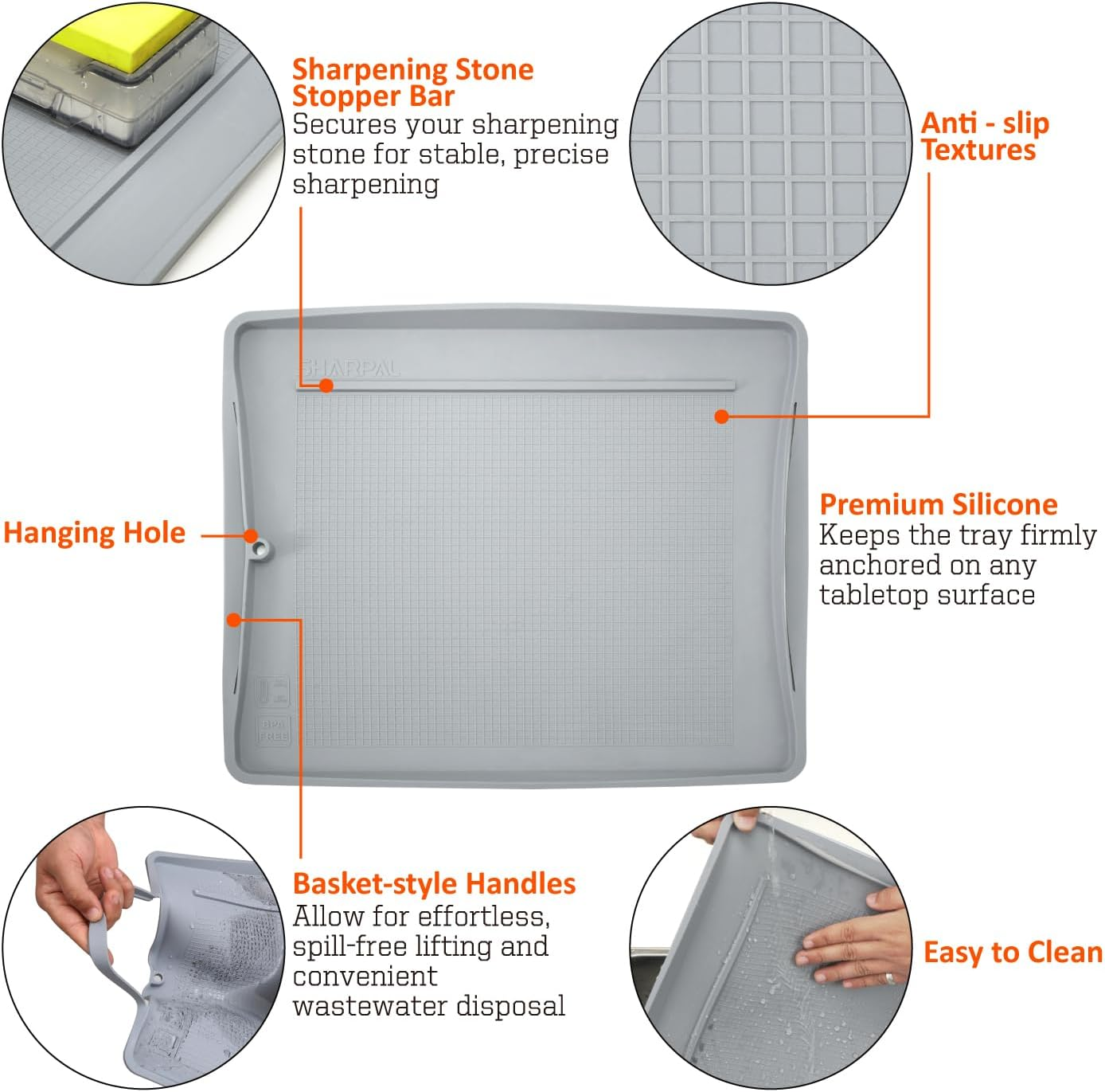 SHARPAL 149H Sharpen-No-Mess Silicone Sharpening Stone & Whetstone Tray, Knife Sharpener Mat with Anti-Slip Textures, Stopper Bar & Basket-Style Handles, 0.21 Gal (800 Ml) Water Storage, Easy to Clean image number 1