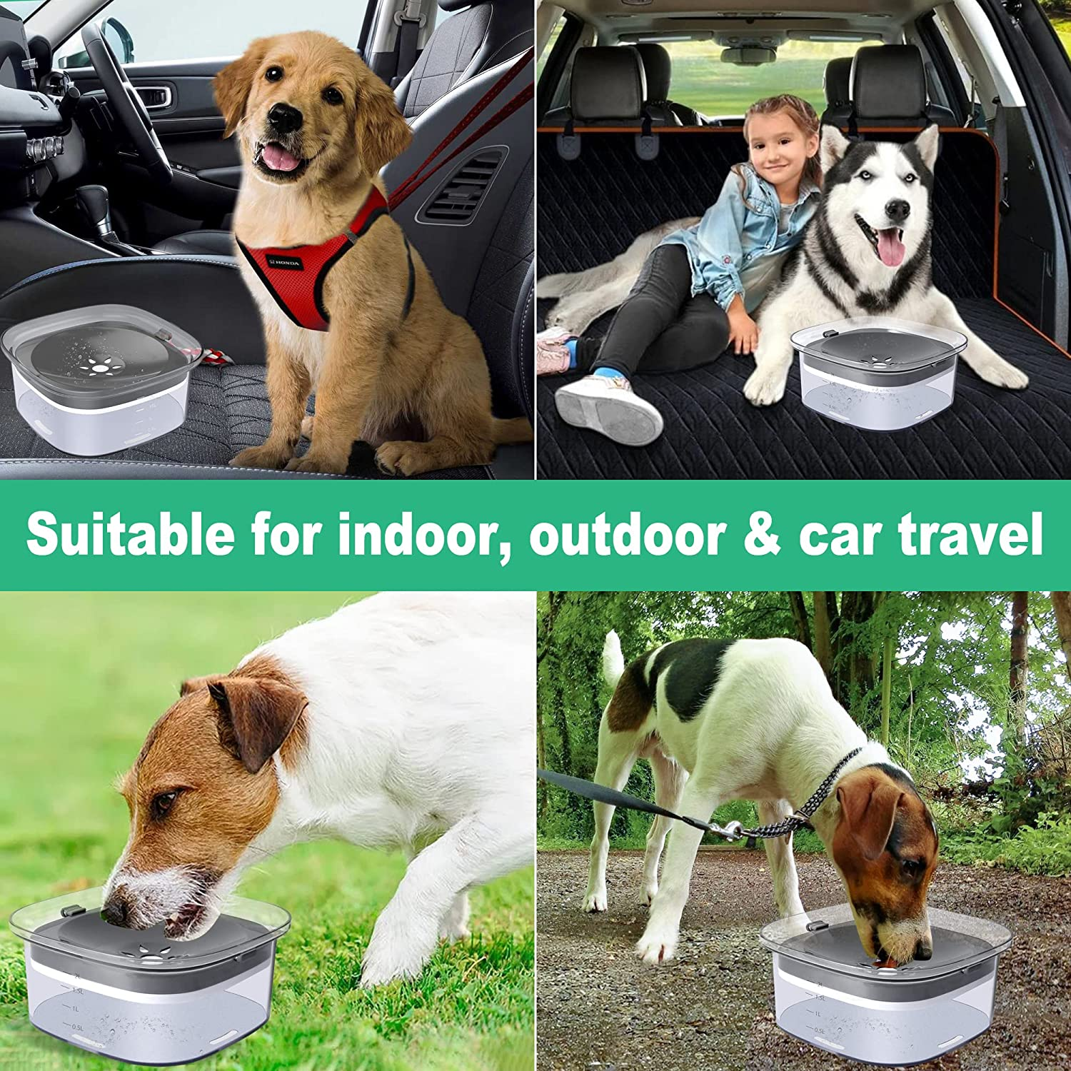 Decflow 2L Dog Water Bowl, Large Capacity Spill Proof Dog Bowl, Anti-Choking No Spill Water Bowl with Slow Water Feeder, Vehicle Carried Travel Water Bowl for Dogs, Cats & Pets image number 1