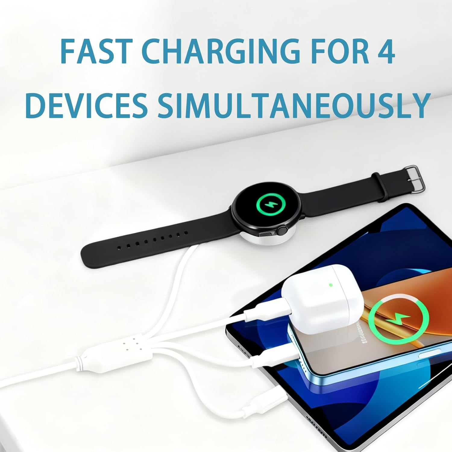 4 in 2 Multi Charging Cable, Fast Charger round Double Lightning Head Compatible with Apple Watch Charger,Iphone Charger USB C,Iphone 15 14 13 12 11 Lightning and USB C Models, Samsung Phone (White) image number 1