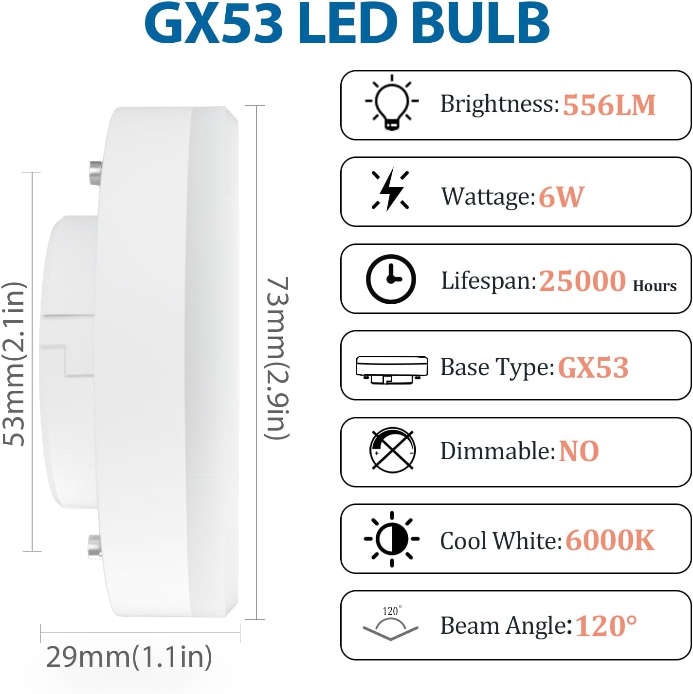 LUTW GX53 LED Bulb, 6W Equivalent to 50W Halogen, 6000K Cool White Light, Non-Dimmable, Beam Angle: 120&deg;, 556LM GX53 Recessed LED Spotlight for Cabinets, Showcases, Wardrobes, Pack of 4 image number 5
